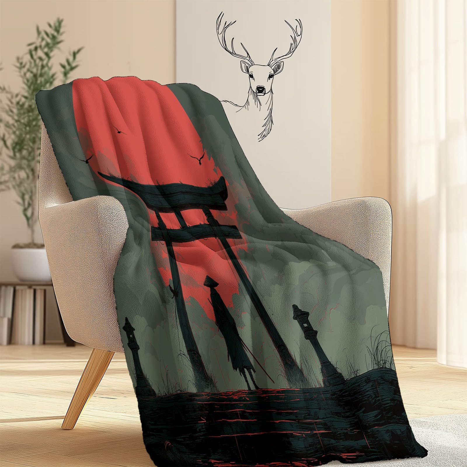 Army Green Koce i Pledy z nadrukiem - Anime Tajemnica Samuraj Torii Koce Polarowe Miękkie Przytulne, Ciepłe Flanelowe Dla Dziewcząt Dzieci Dorosłych Sofa Podróżna 150 x 200 cm