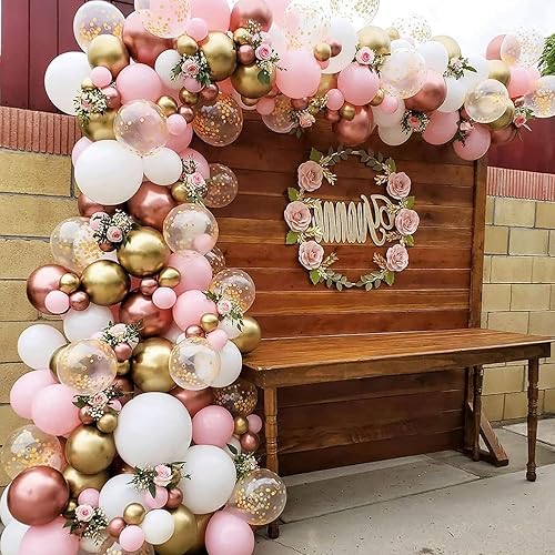 Miniatura 2 de Kit de guirnalda de arco de globos de 142 piezas, globos de confeti rosa dorado rosa y blanco para cumpleaños, baby shower, Navidad, novia,