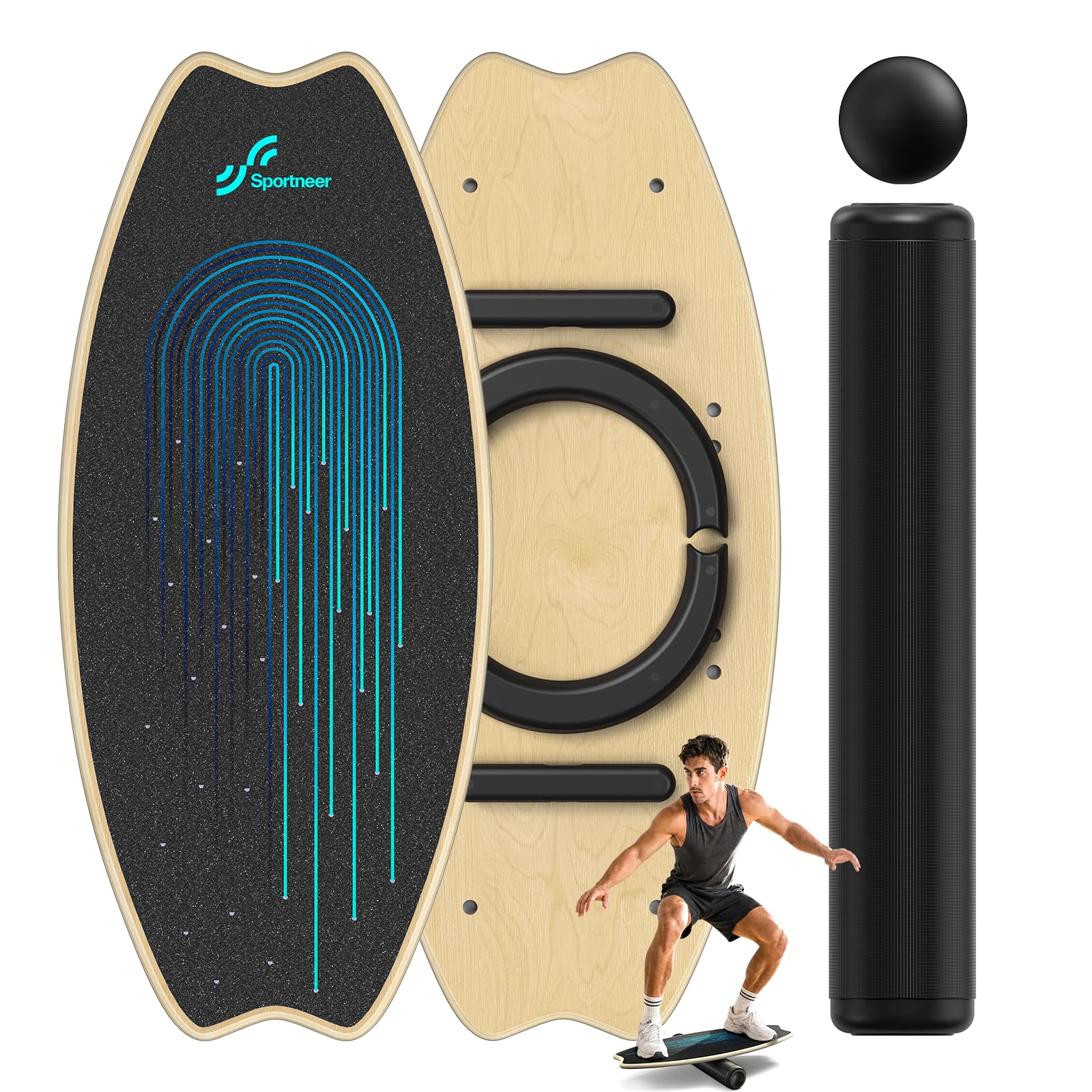Sportneer - Tabla de equilibrio de madera, monopatín de interior y tabla de equilibrio para niños y adultos