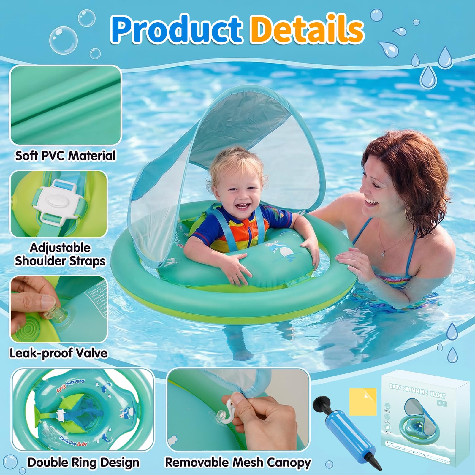 Flotador Bebe con Sombrilla Ninonly Flotador Niño Inflable de Doble Anillo Seguro con Protección UV 50+, Asiento Ergonómico para Piscina Bebe y Playa Ideal Piscina Niño de 6 a 36 Meses