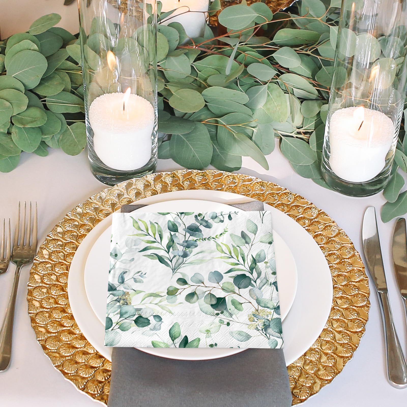 Lot 80 Serviettes Papier Mariage Vert Sauge Eucalyptus - Jetables Et Élégantes