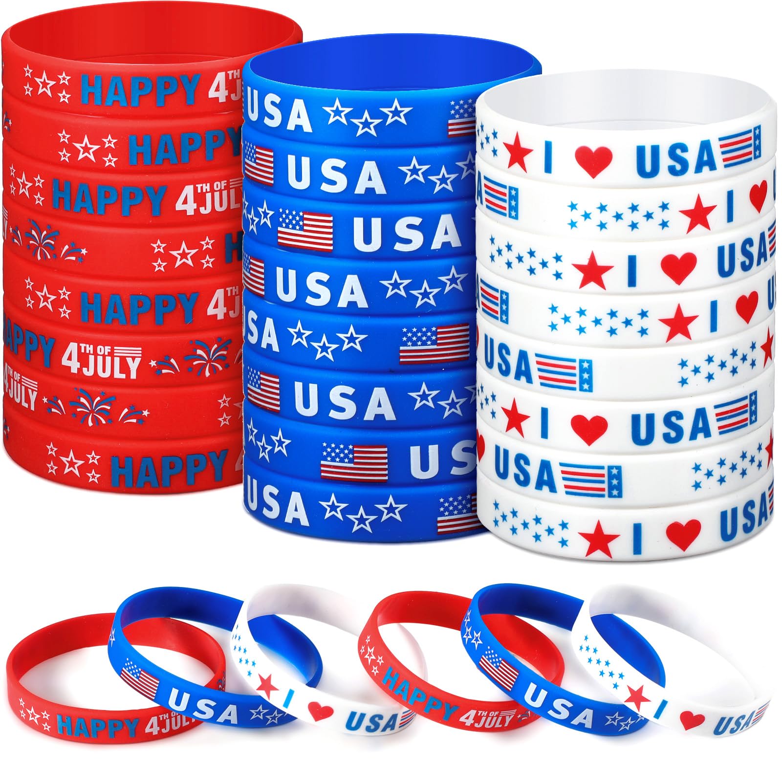 Lewtemi 30 Pieces 4th of July Party Favors USA Silicone Bracelet Patriotic American Flag Red White and Blue Rubber Wristband for Independence Day