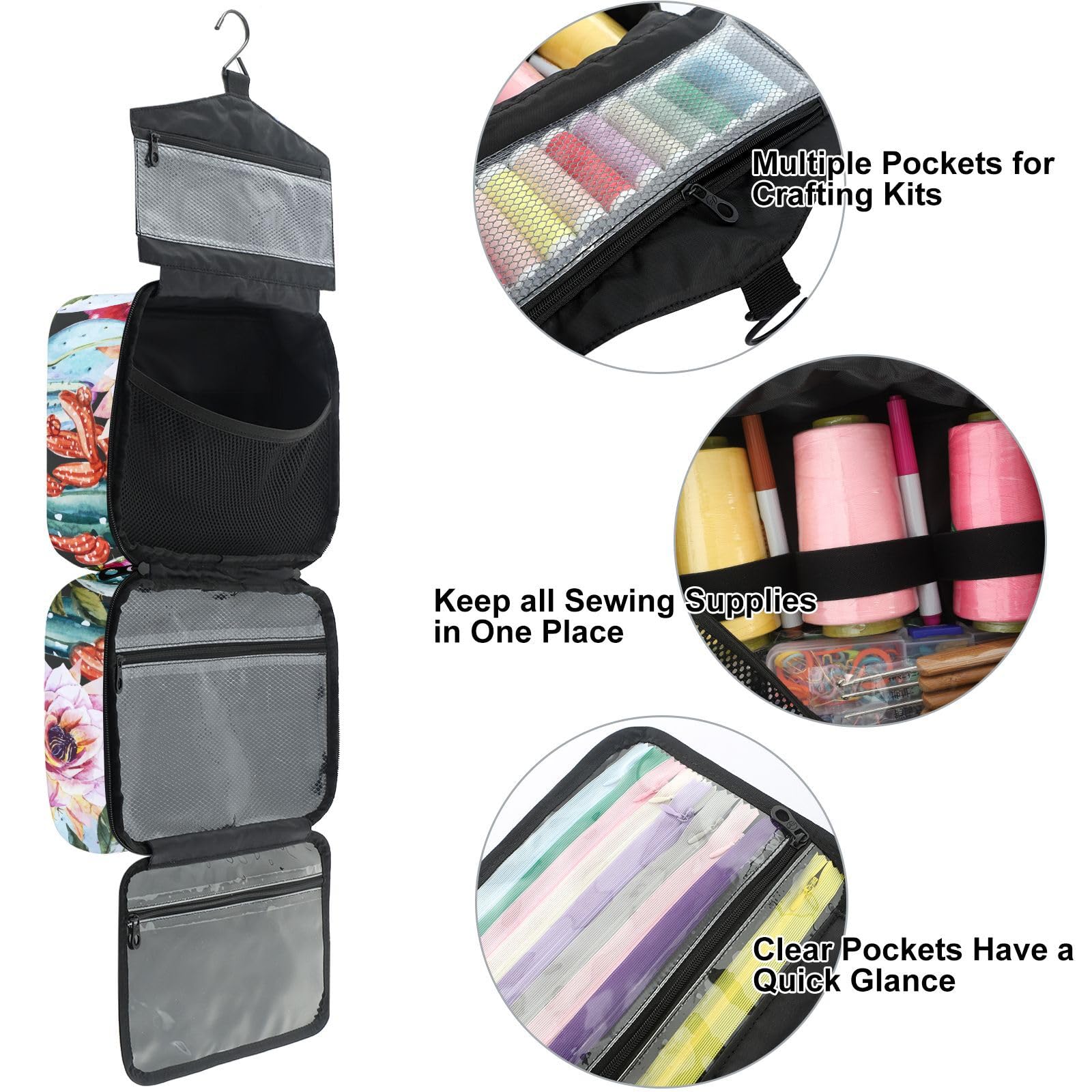 YNNALE Sewing Supply Organizer Bag, Cactus Floral Tropical Plant Portable Sewing Bags with Pockets&Hanger, Sewing Storage Box Case for Sew Supplies/Kit/Tools/Accessories (BAG ONLY)