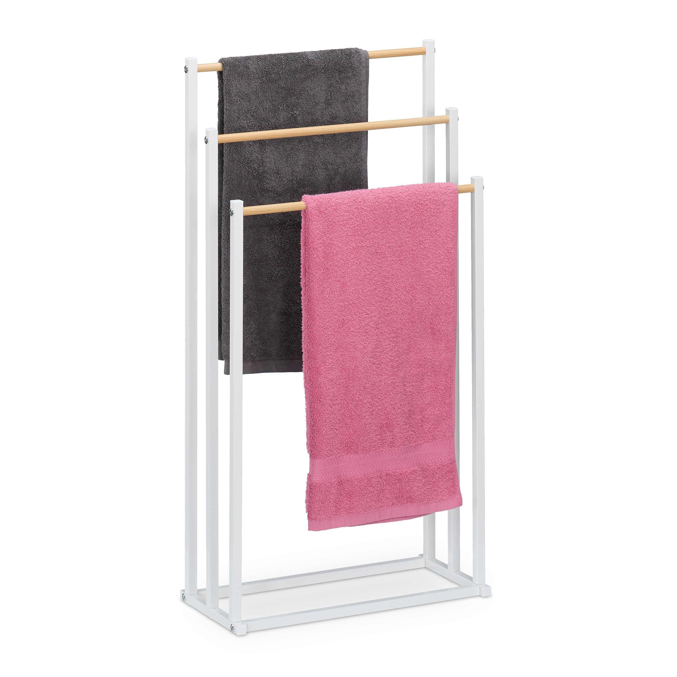Relaxdays Towel Rack, HxWxD: 86 x 44 x 21 cm, Metal, 3 Rails in Wood Look, Freestanding, Bathroom Airer, White/Natural