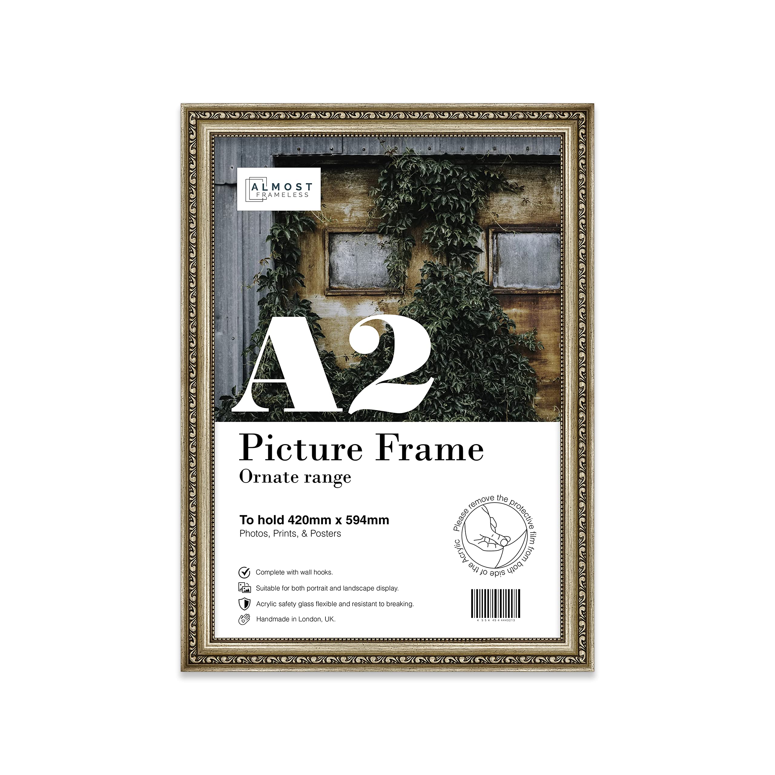 Almost Frameless A2 Champaign Ornate Picture Frame Fits A2 (42 x 59.4cm - 16.5 x 23.4in) Poster, Photo, Artwork, or Print. Baroque Style Portrait and Landscape Display with Wall Hooks โ image 1