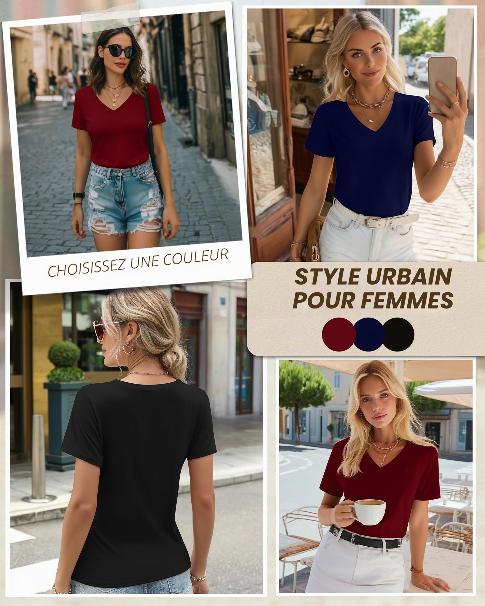 Riyiper Lot de 3 T-Shirts Femme Col V Manches Courtes Été Casual Tendance Coupe Ample Ourlet Droit Basiques