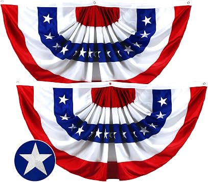 G128 2 Pack USA Pleated Fan Flag, 2x4 Feet American USA Bunting Decoration Flags Embroidered Patriotic Stars & Sewn Stripes Canvas Header Brass Grommets