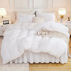 Andency Faux Fur White Comforter King Size, 3 Pieces Fluffy Fuzzy Plush Bedding Comforter Set (1 Shaggy Velvet Comforter & 2 Pillowcases), Soft Puffy Comfy Down Alternative Comforter Bedding Set