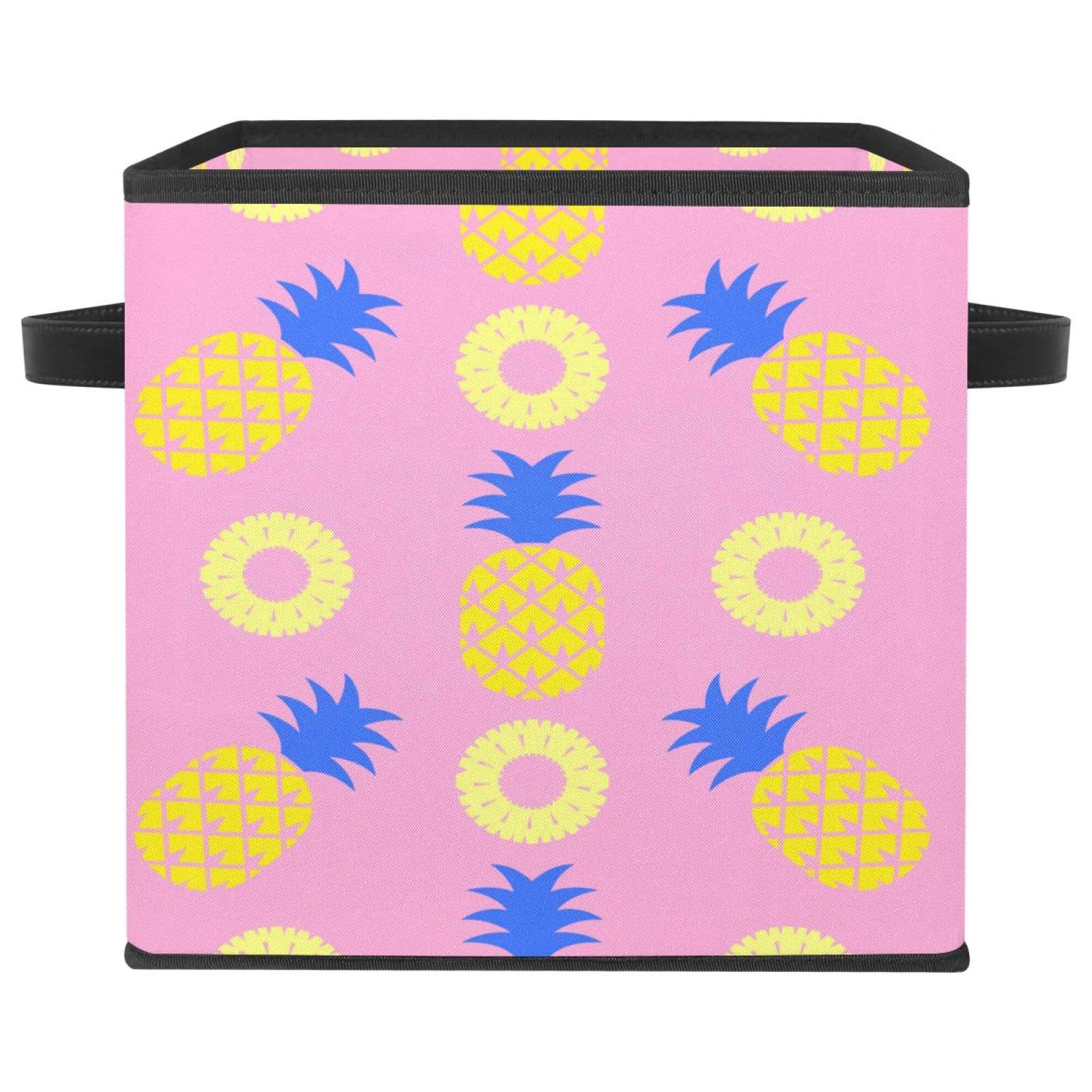Boîte de rangement pliable motif ananas rose - Cube organisateur en tissu avec poignées