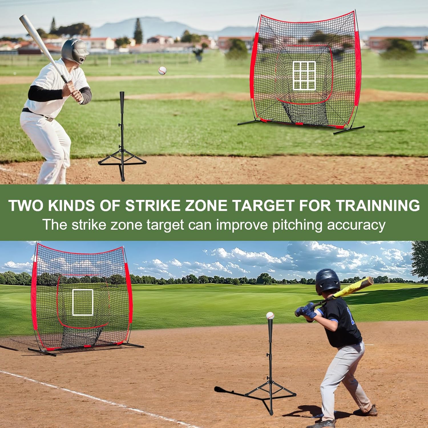 7x7 ft Baseball & Softball Practice Net with Bow Frame for Batting, Hitting, Pitching, Portable Baseball Training Net with Batting Tee, Ball Caddy, 2 Strike Zone and Carry Bag and Stakes