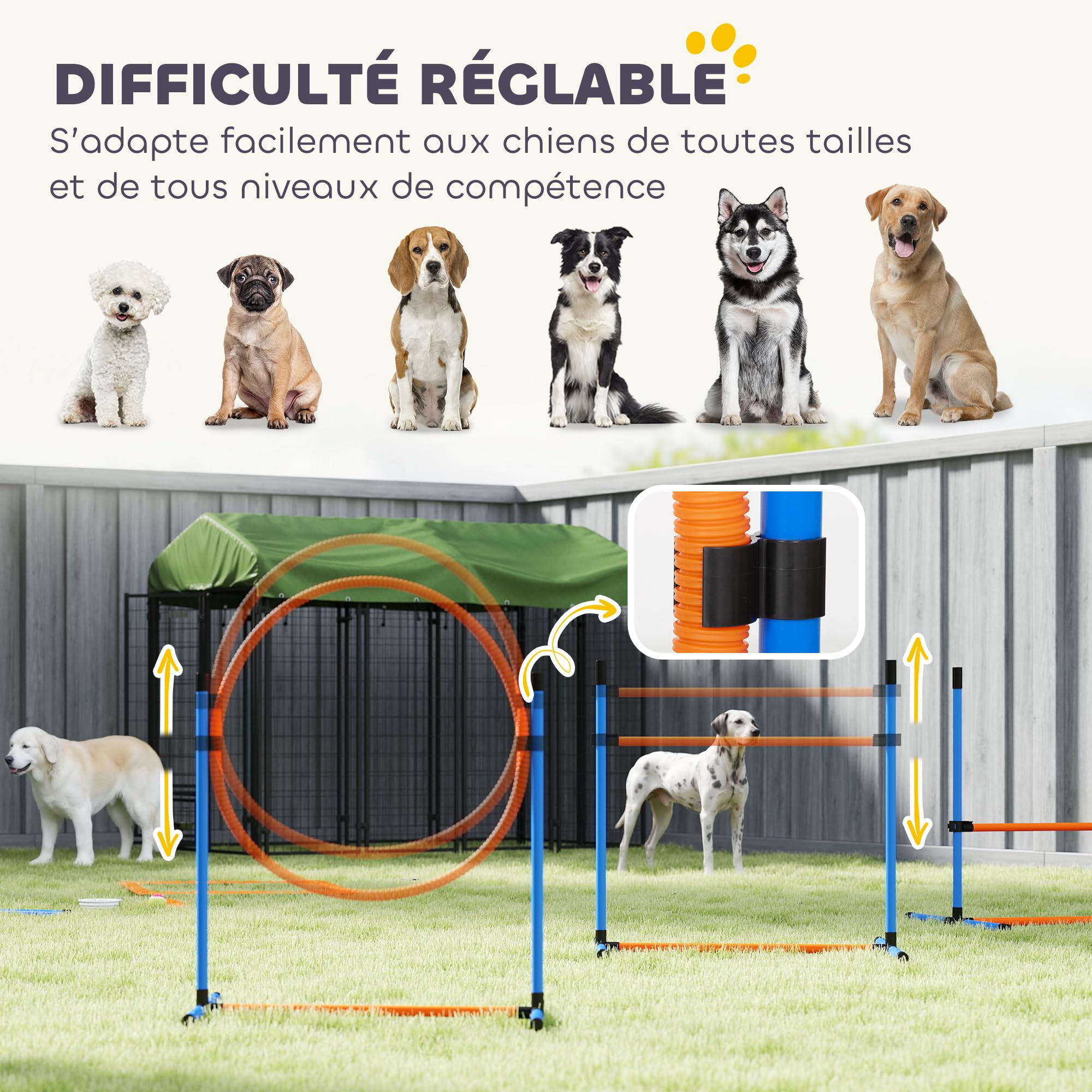 PawHut - Ensemble d'Agilité pour Chien 11 Pièces avec 2 Tunnels, Sauts Ajustables, Anneau, Piquets, Zone de Pause, Sac pour Friandises, Parcours d'Obstacle Intérieur et Extérieur avec Sac de Transport