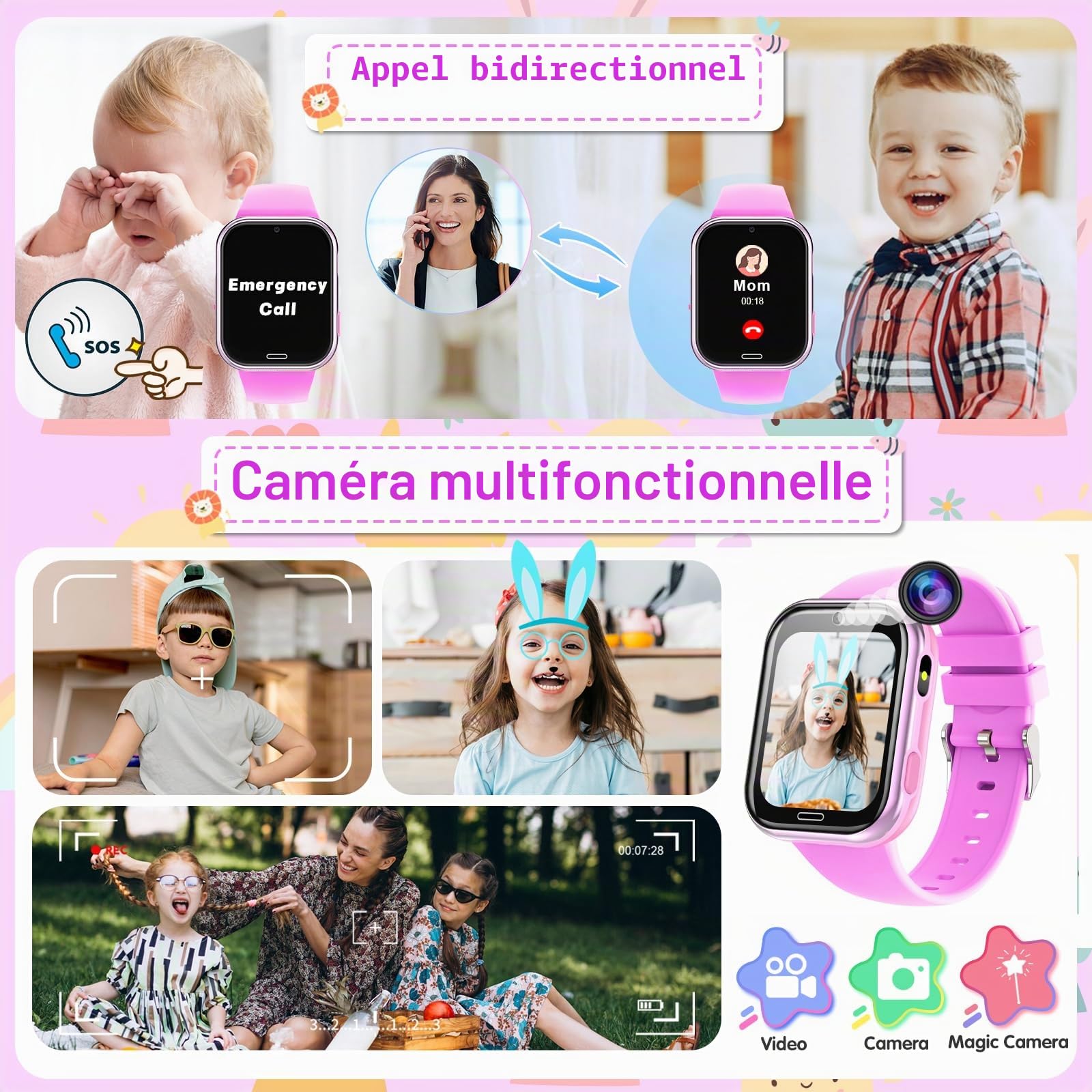 Montre Connectée Enfant 19 Jeux- Smartwatch Téléphone pour Fille Garçon avec Appel SOS, Jeux, Pédomètre, Appareil Photo, Musique, Lampe Poche, Montre Intelligente pour Enfants de 3-12 Ans (Violet1)