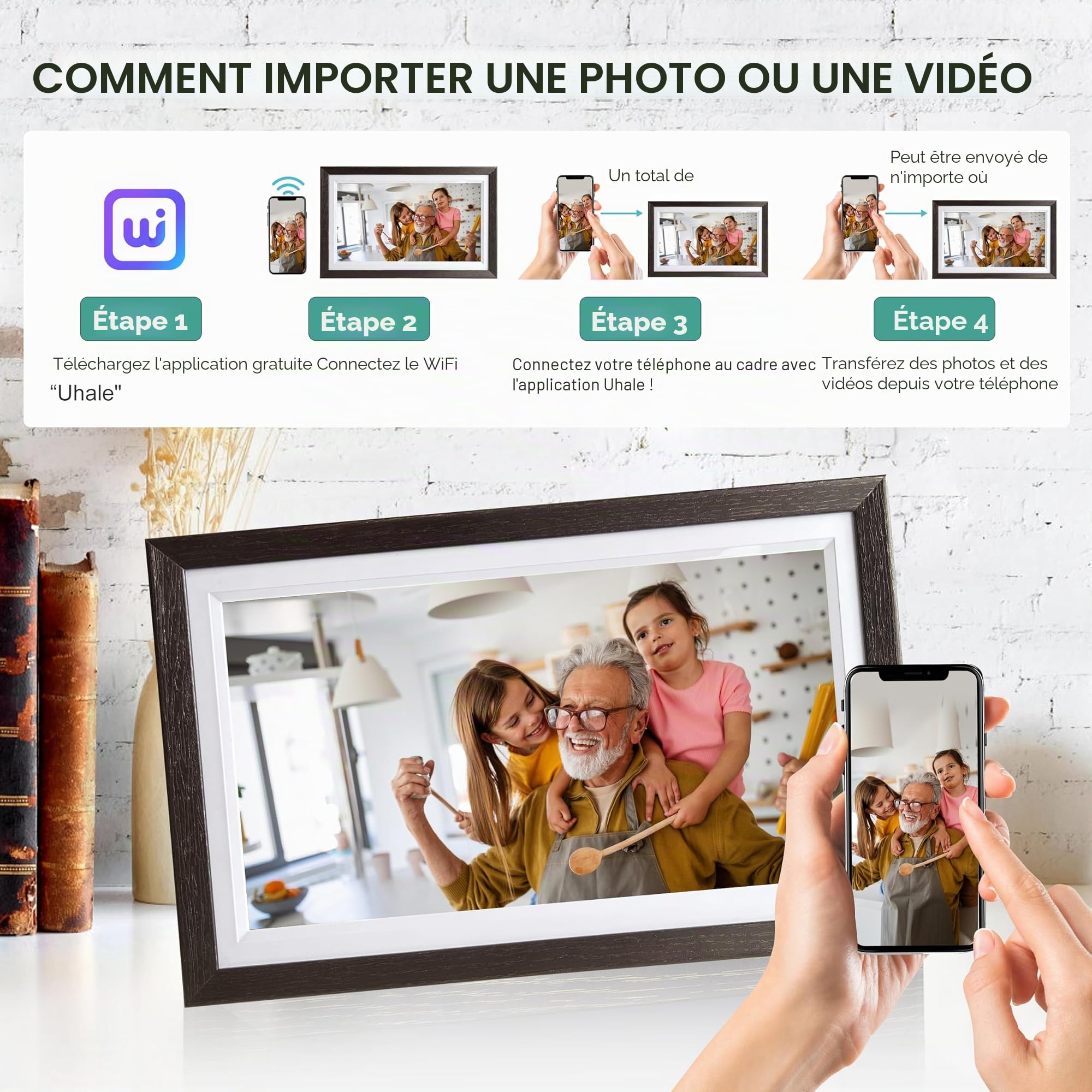 BYYBUO Cadre Photo Num¨¦Rique WiFi 15,6 Pouces, 1366 x 768 IPS ¨¦Cran Tactile Cadre Photo 32G Marron Noyer, Partager des Photos ou des vid¨¦os Via l'application Frameo