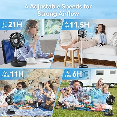 Miniatura 5 de Ventilador recargable oscilante portátil, funciona con pilas con 4 ajustes de velocidad y control remoto, ventilador de pedestal de viaje de