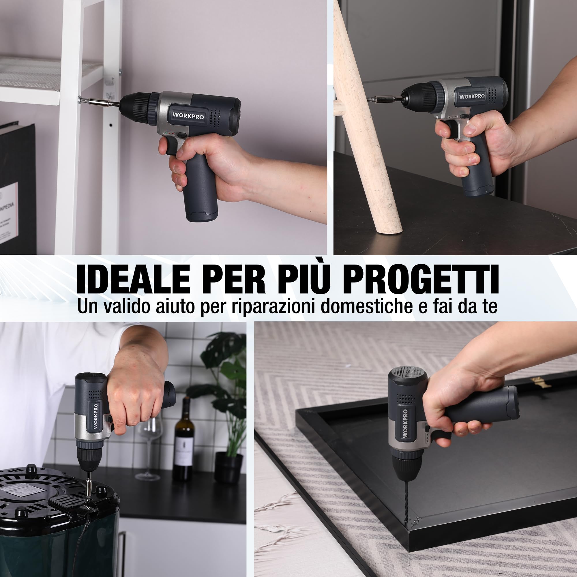 WORKPRO Trapano a Batteria 8V, Trapano Elettrico con Mandrino da 10 mm | Cacciavite Elettrico, Cacciavite con Velocità Variabile, Cacciavite Ricaricabile Tipo C, con 15 Accessori, Nero