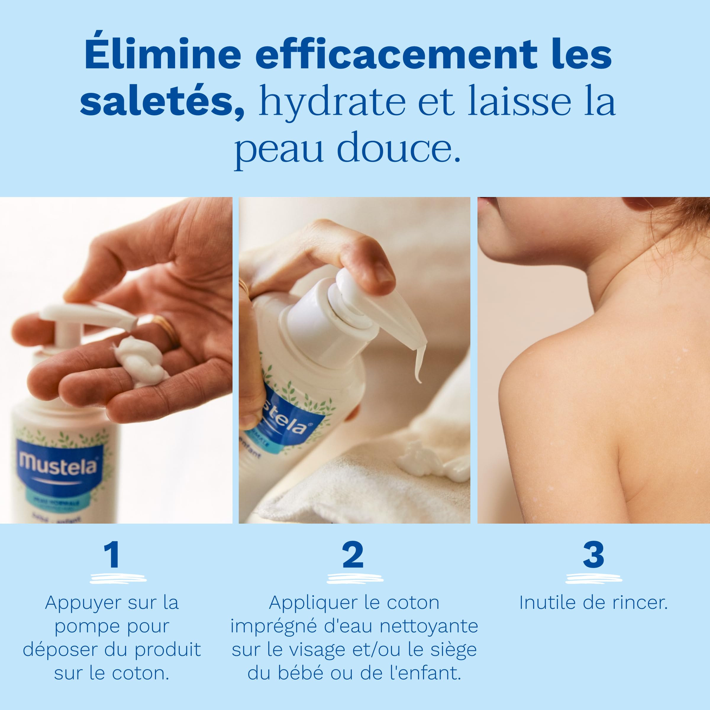 Mustela - Lait de Toilette Bébé Sans Rinçage - Soin Nettoyant et Favorisant l'Hydratation - 98% d'ingrédients d'origine naturelle - Haute Tolérance - Hygiène Bébé Douce Visage et Siège - Peau Normale - 5