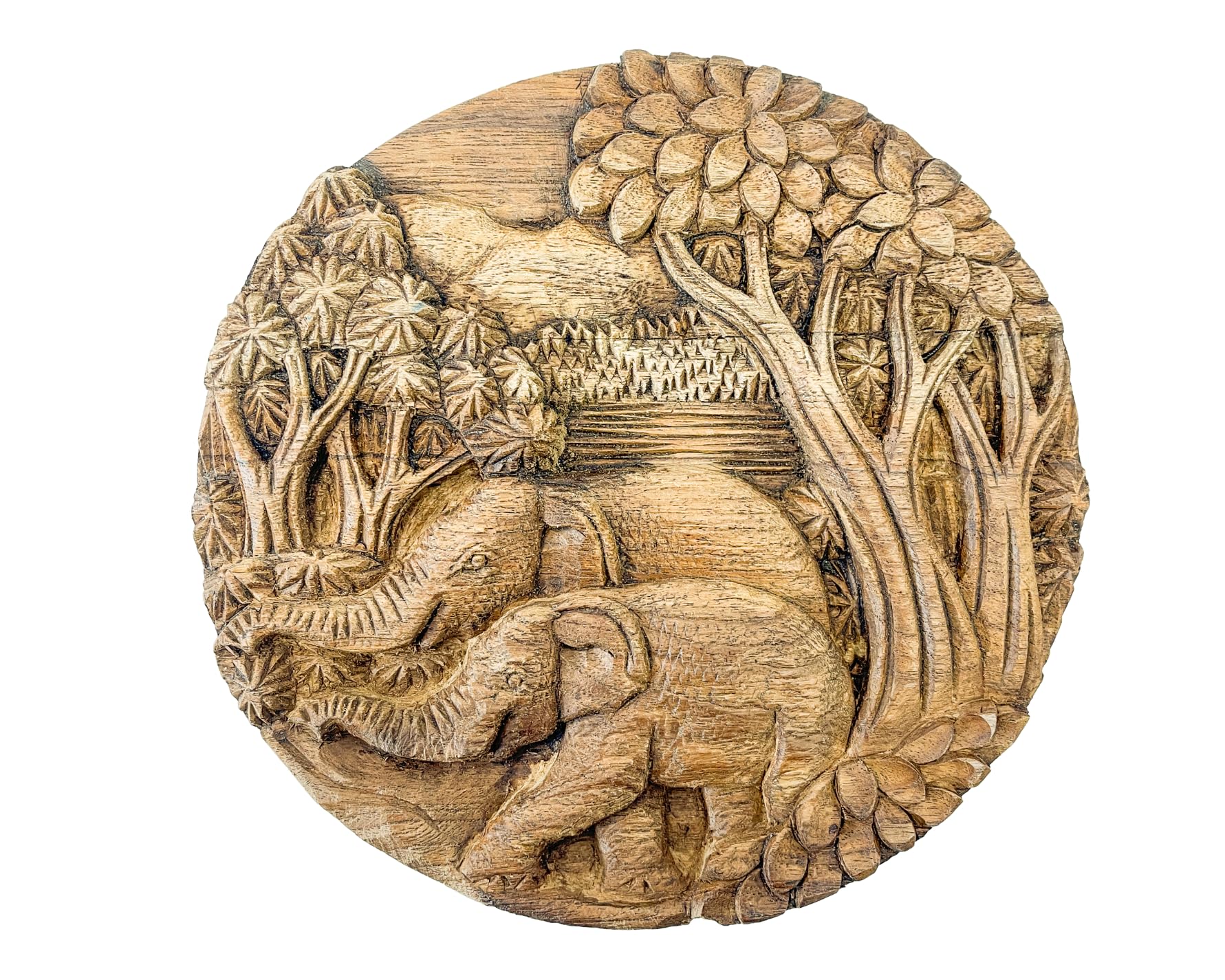 My Family House Brown Wooden Elephant Wall Plaque - Hand Carved Wood Handmade Decorative Ornament Home Decor Circle Round Thai Wall Art Elephant Family - 20Cm