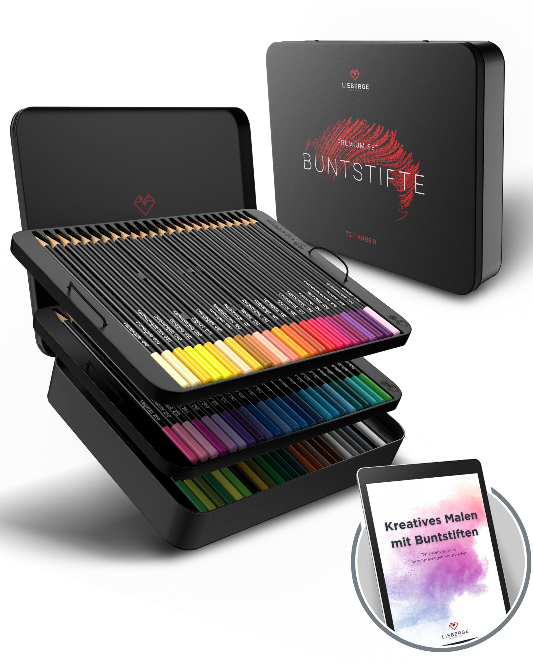 LIEBERGE Juego de lápices de colores premium en caja de metal, 72 colores, lápices de colores altamente pigmentados, irrompibles, colores suaves, lápices para colorear para adultos, niños y artistas