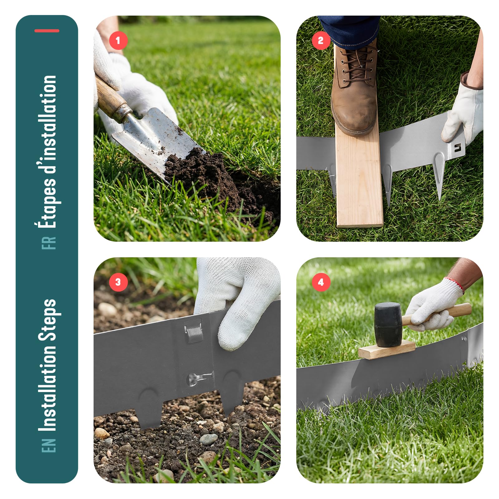 VOUNOT® Bordure de Jardin Gazon en Métal Galvanisé 10M Bordure de Séparation Résistante Epaisseur 1.5mm 106x18cm Lot de 10pcs Clôture Flexible de Pelouse pour Jardin Plantes Potager Gris