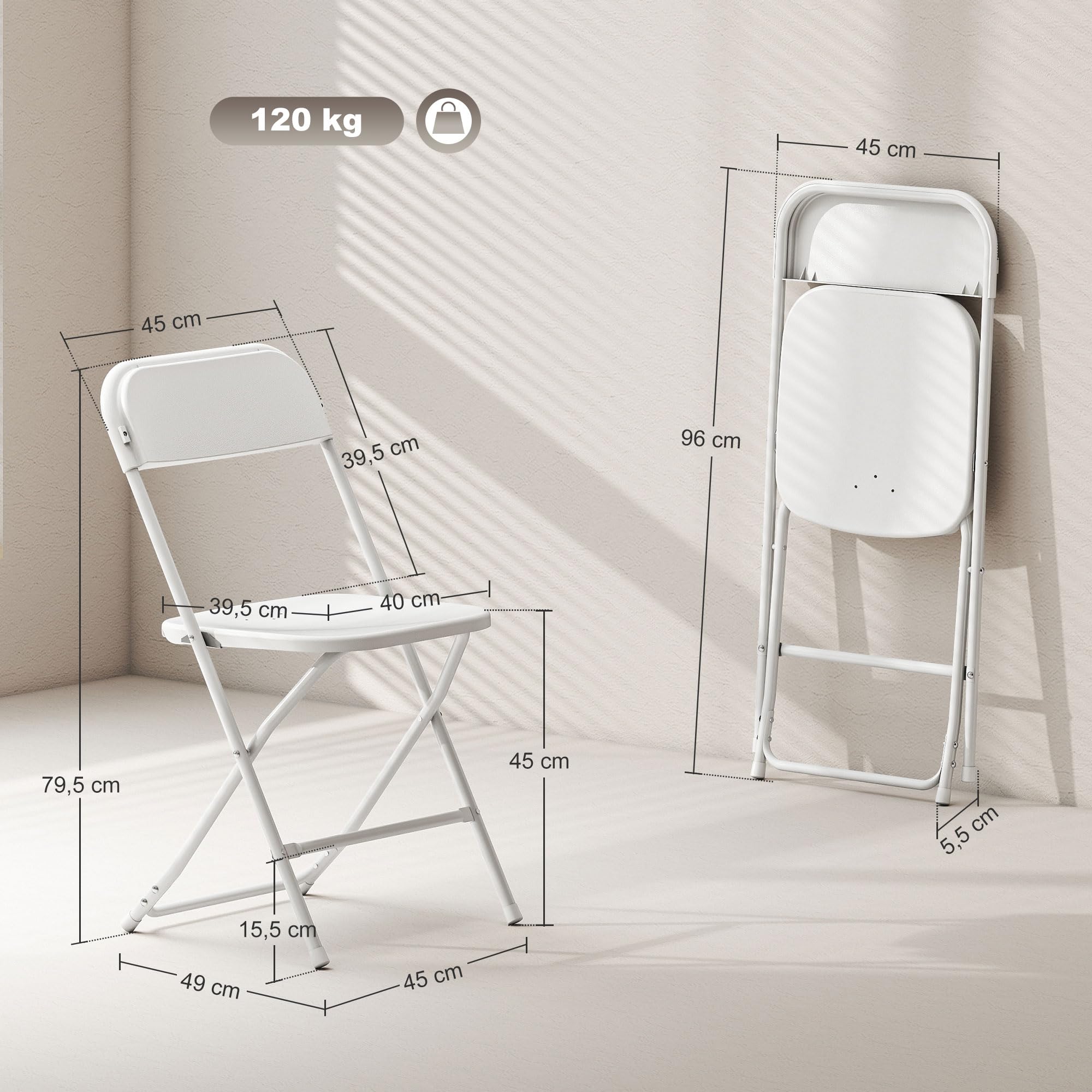 HOMCOM Chaises pliantes, lot de 6, en plastique Chaise de cuisine pliante avec trous d'évacuation, structure en acier Chaises pliantes Chaise pliante jusqu'à 120 kg, pour l'intérieur, blanc