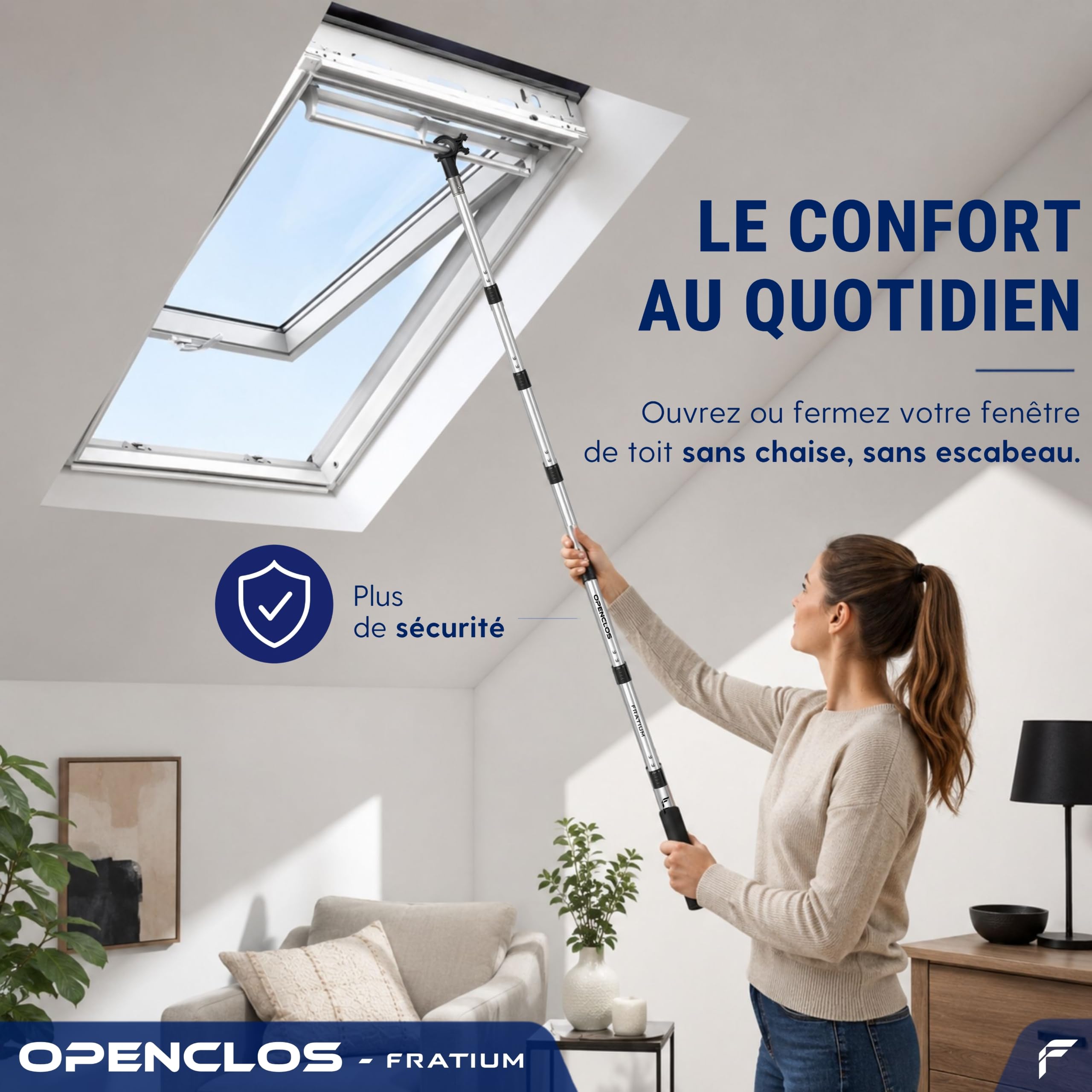 OPENCLOS Perche Canne Barre pour Fenêtre de Toit, Store Occultant, Moustiquaire, Compatible Velux GGL, GGU, GPU, GHL | Crochet Anti-Dérapant, 7 Sections Aluminium, 182 cm