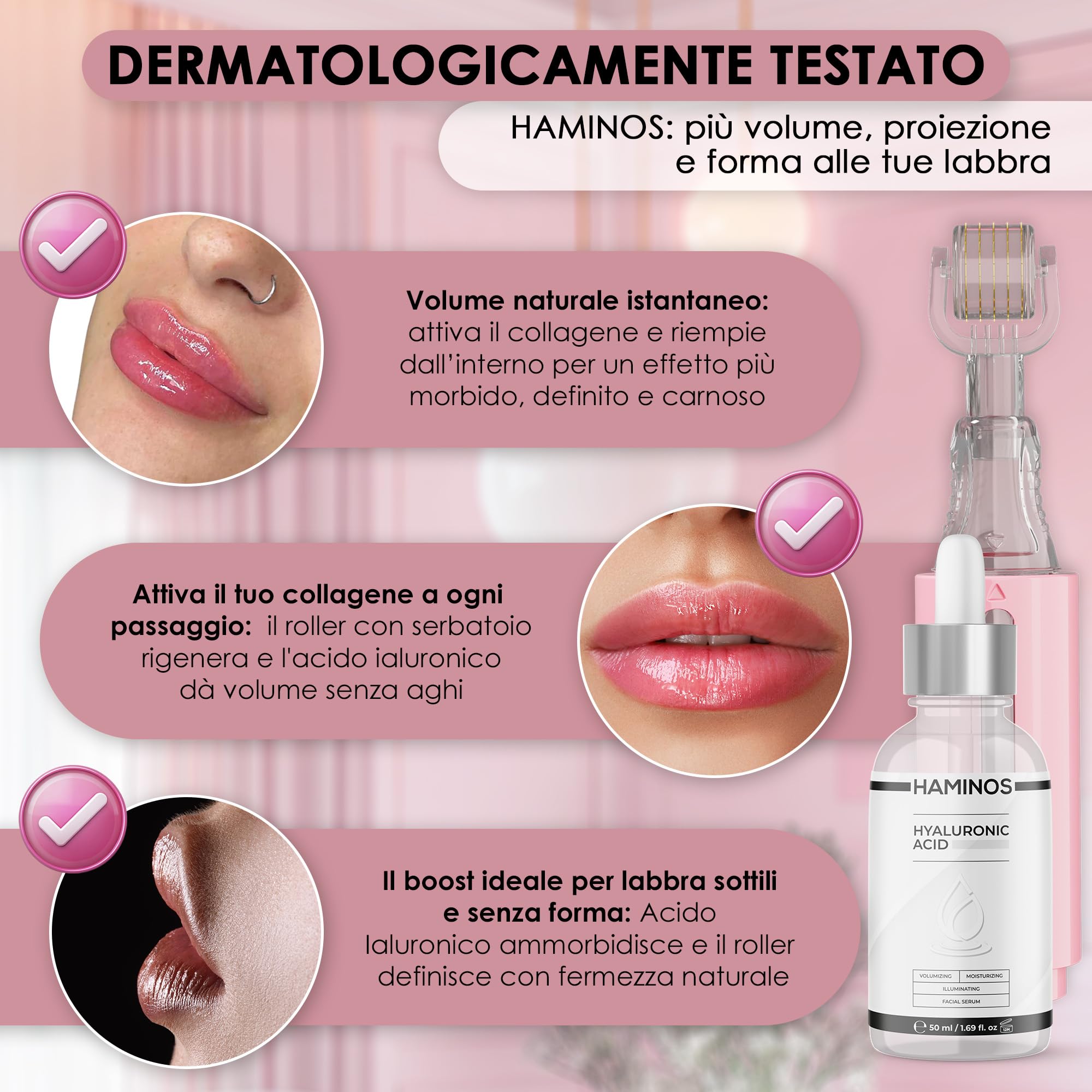 HAMINOS Derma Roller 0,25 mm con Siero Acido Ialuronico per Donne, Microneedle Roller con Serbatoio, Applicatore Siero per Labbra Idratate, Lisce e dall’Aspetto Più Voluminoso