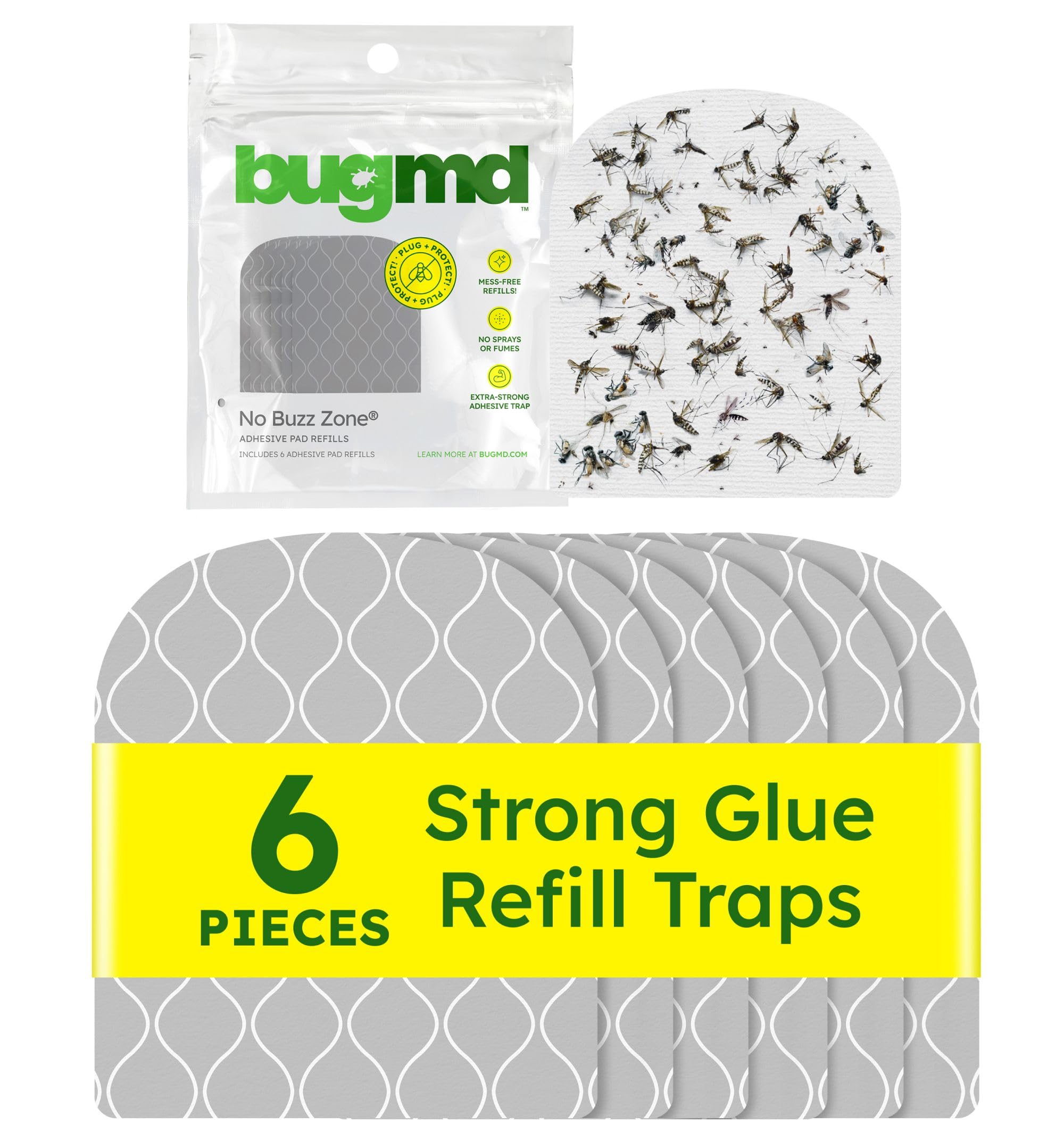 BugMD No Buzz Zone Refiller Pad (6 Refills) - Extra-Strong Adhesive Traps, Indoor Insect Trap Refill, No Harsh Chemicals, Household Friendly, Fly Trap Refill, Flea Trap Refills, Bug Trapper