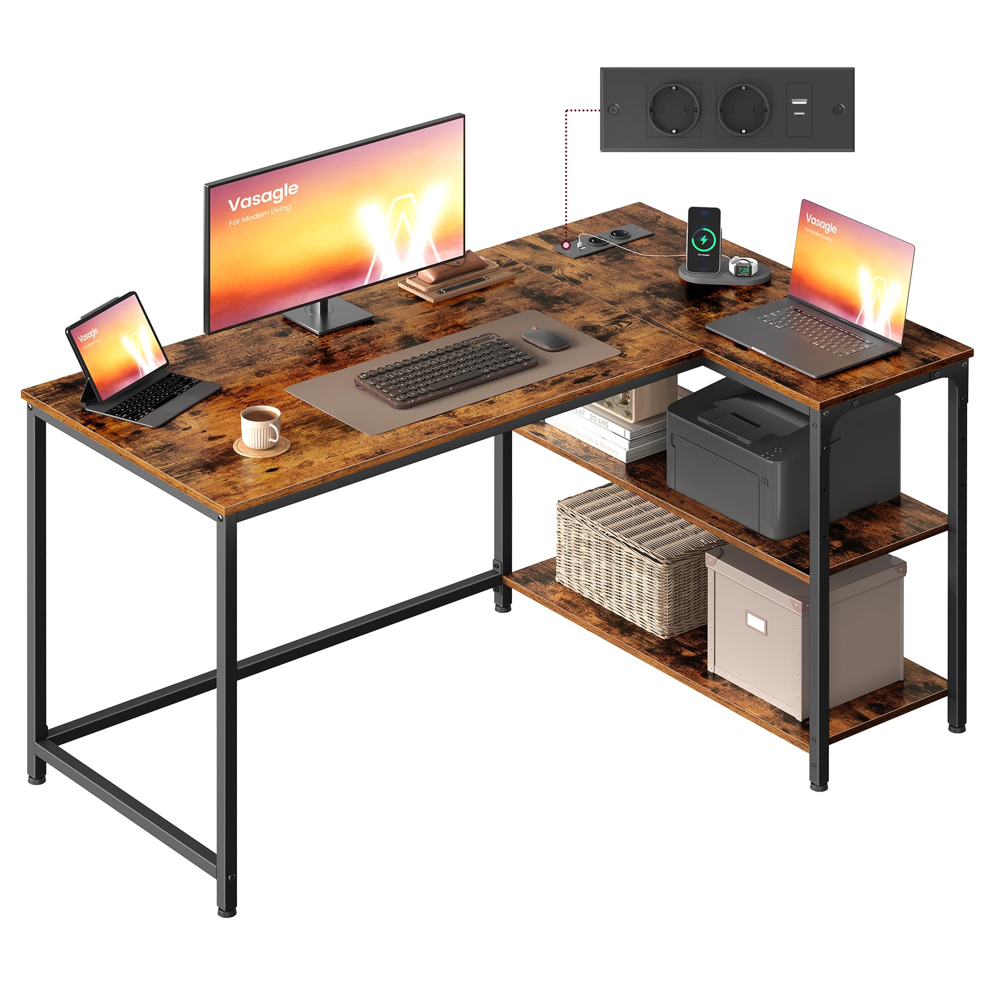 VASAGLE Eckschreibtisch in L-Form, Computertisch mit Stauraum, Bürotisch, höhenverstellbare Ablage, für Homeoffice, mit 2 AC-Steckdosen und 2 USB-Anschlüssen, 120 x 80 cm, vintagebraun LWD132KD01
