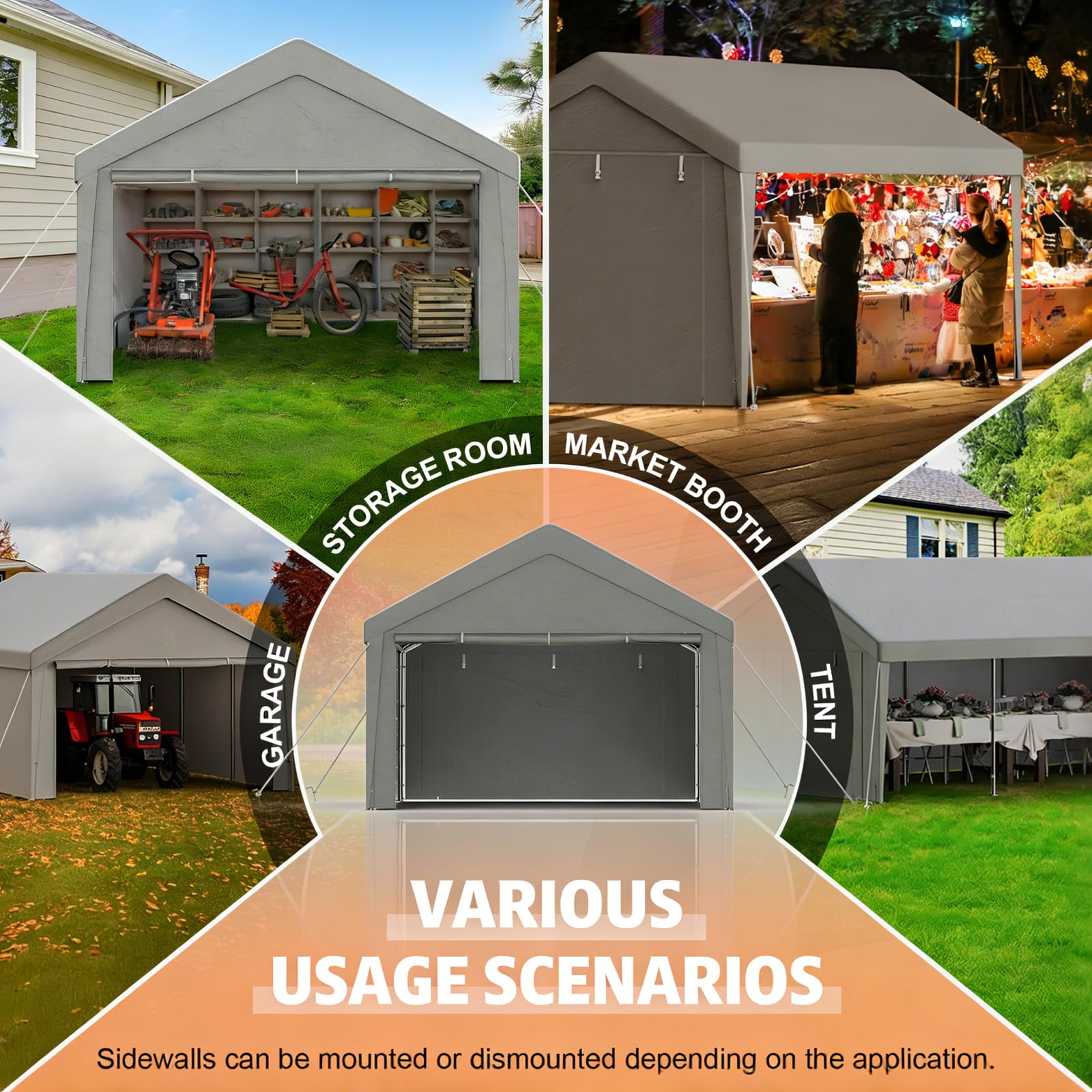 Tente de Garage 3x4m, Carport Abri Voiture avec Bâche PE & Porte Enroulable, Tente de Stockage Pliant Exterieur avec Parois Latérales Amovibles pour Moto Vélos Outils, Gris