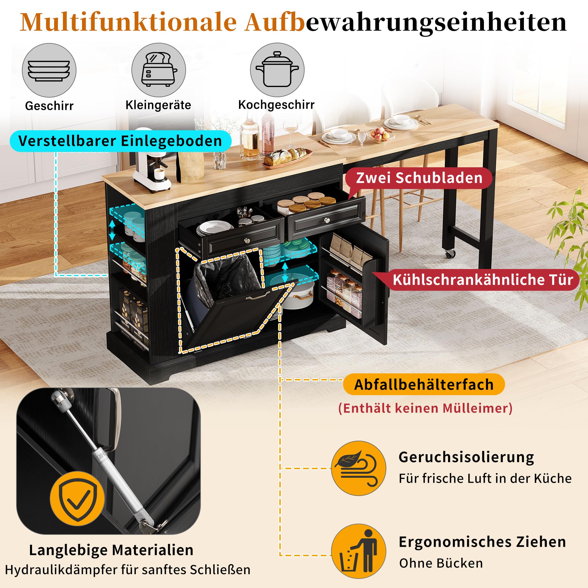 Isola da cucina su ruote, per sala da pranzo estensibile, isola da cucina con scomparto pattumiera e cassetti, isola mobile autoportante, ideale per cucina e sala da pranzo (pelle