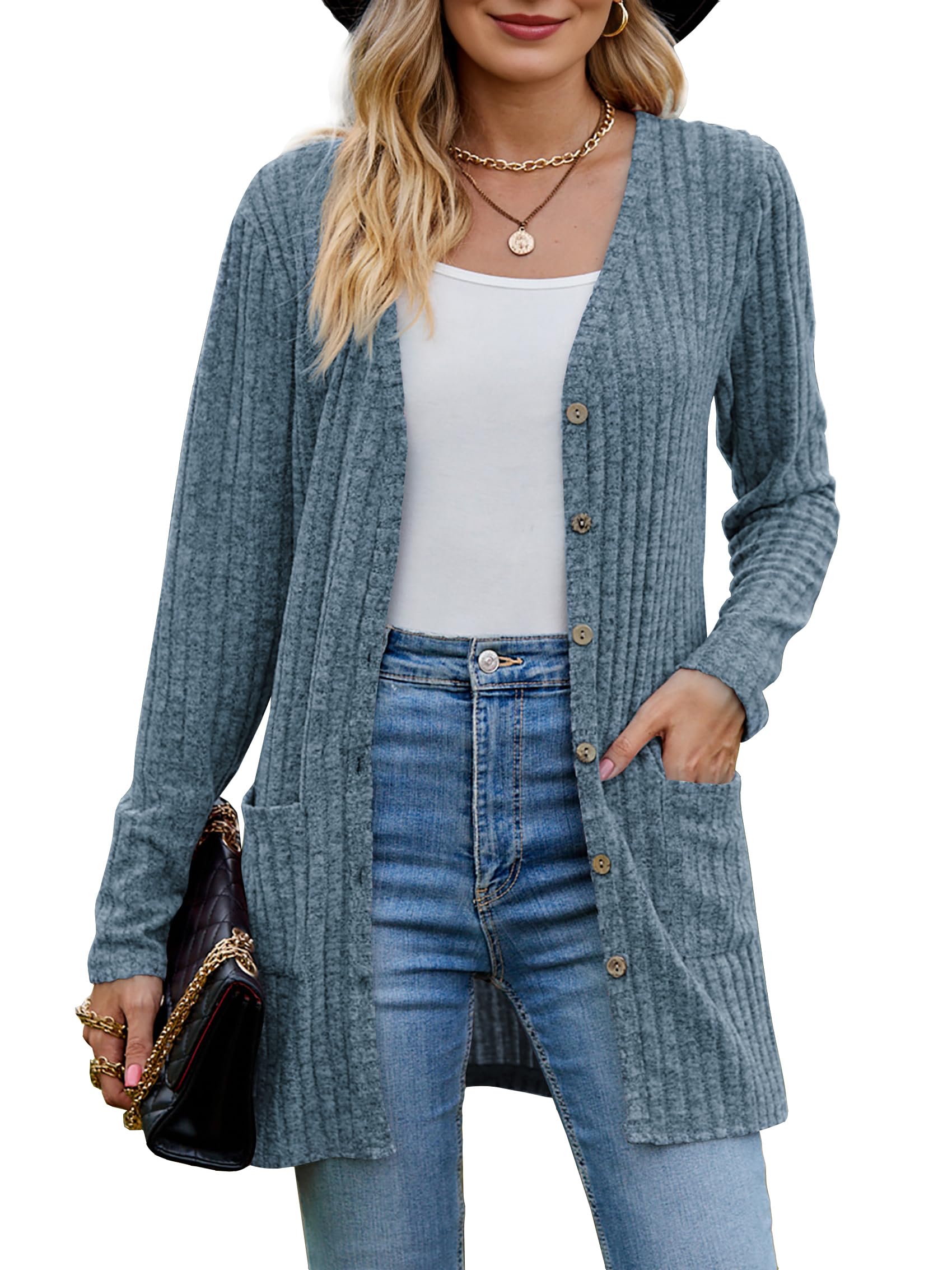 MYCOLORBLUE Alte Zeiten Strickjacken für Damen Elegant Gerippt Cardigan Langarm Knopfleiste mit Taschen Strickcardigan
