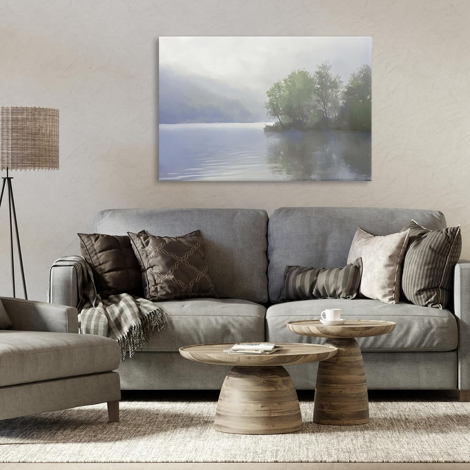 Stupell Industries ミスティモーニングレイクランドスケープキャンバスウォールアート、ジーナ・ケリーによるデザイン、