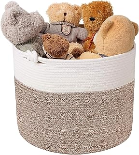 Goodpick Cotton Rope Basket with Handle Woven Basket for Baby Laundry Basket Wicker Basket Toy Basket Blanket Storage Nursery Decor Basket Soft Storage Bins, 15'' × 15'' × 14.2''