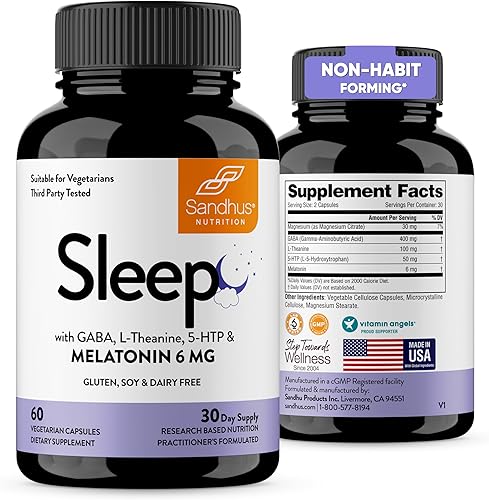 Sandhu's Sleep 60 Cápsulas – Suplemento de ayuda para dormir 5 en 1 que no forma hábito con melatonina, magnesio, GABA, L-teanina y 5-HTP