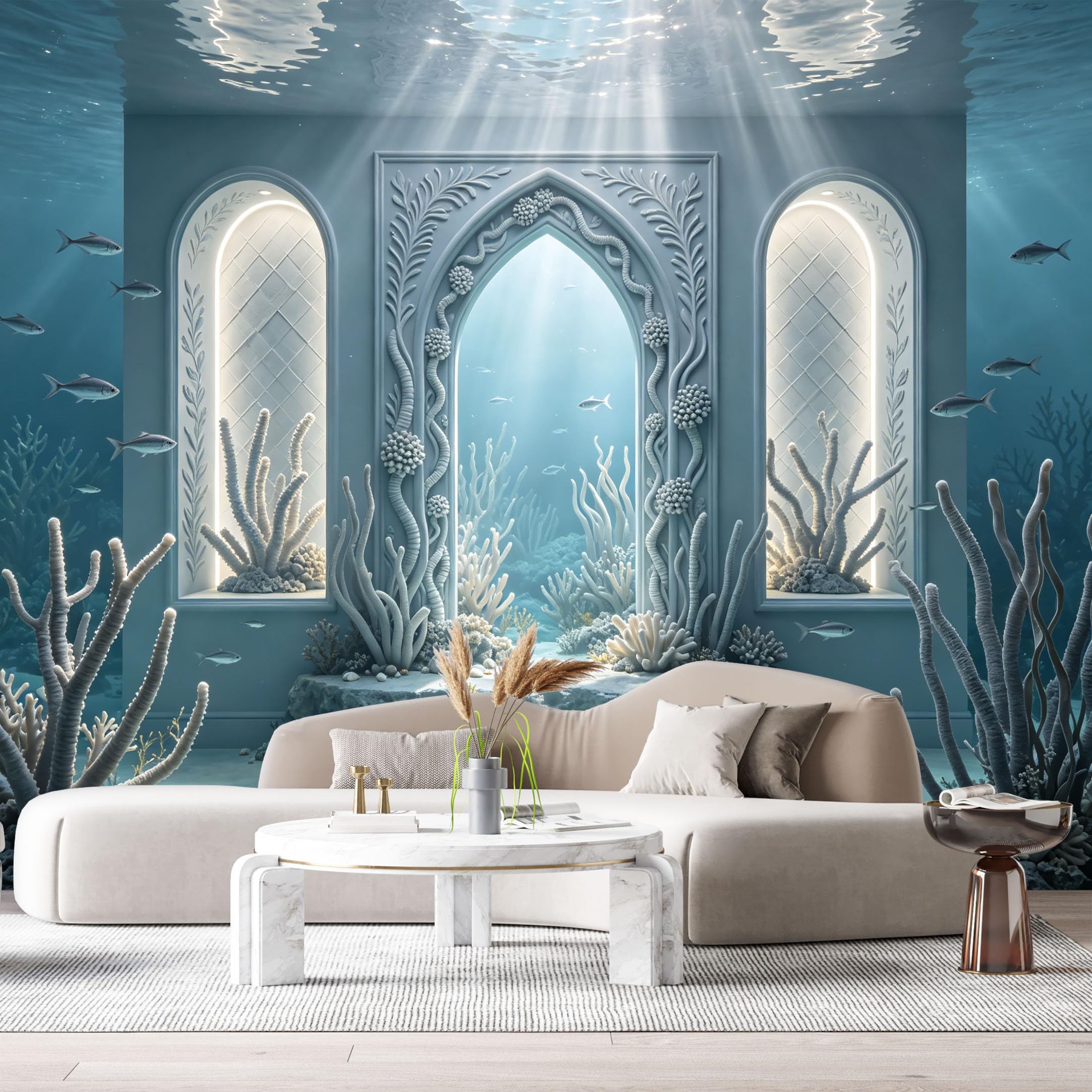 Custom Size Wall Murals Ocean/Marine Underwater Palace Gothic Architecture 3D Trompe L'Oeil SelfAdhesiveWall Fabric Removable Wallpaper Wall Decor for Living Room Bedroom Bathroom