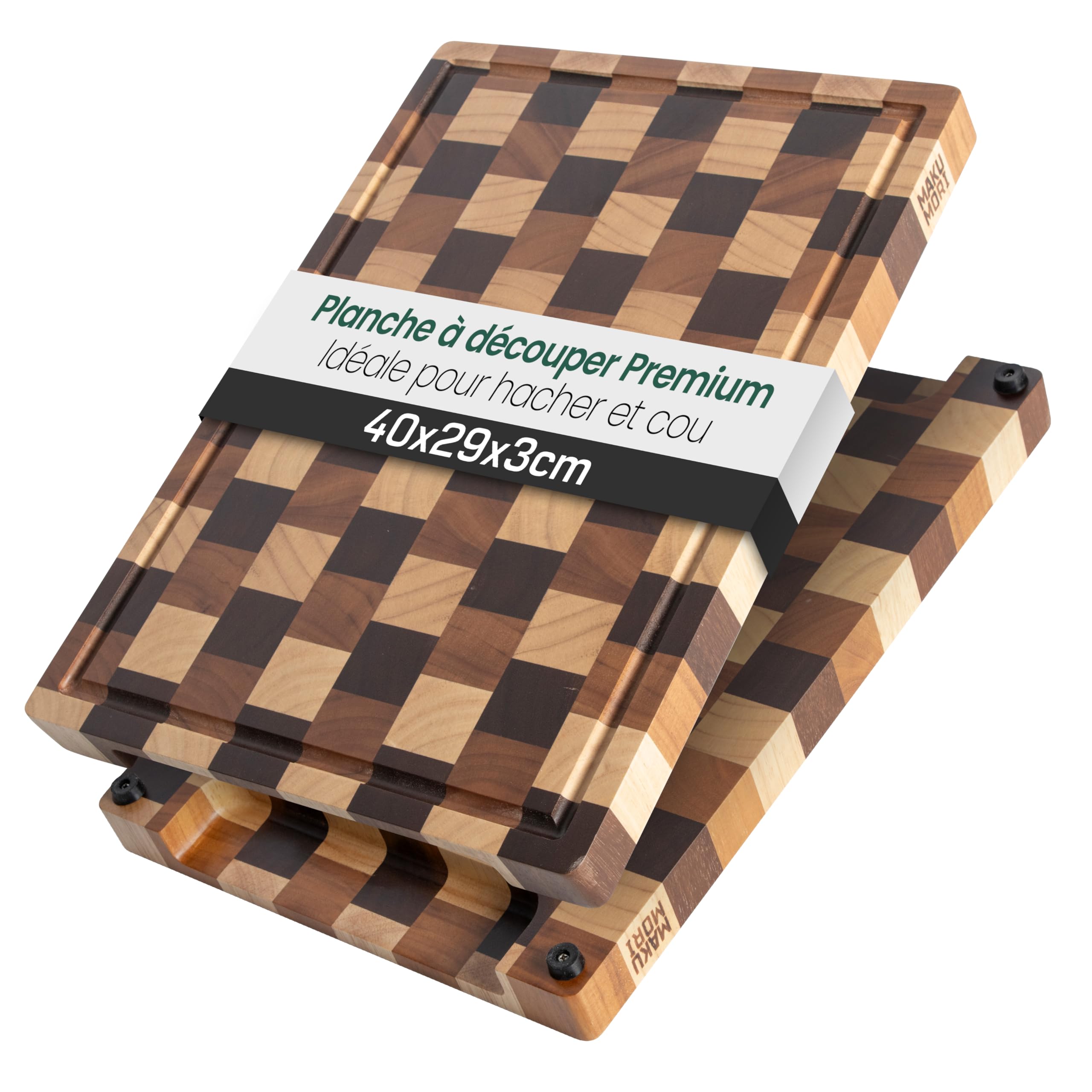MAKUMORI Premium Chopping Board Made of Solid Wood, End Grain 40 x 29 x 3 cm, Made of Hevea Wood, Carbonised Acacia and Hevea Wood, FSC-Certified, Feet, Juice Groove and Large Grip Recesses