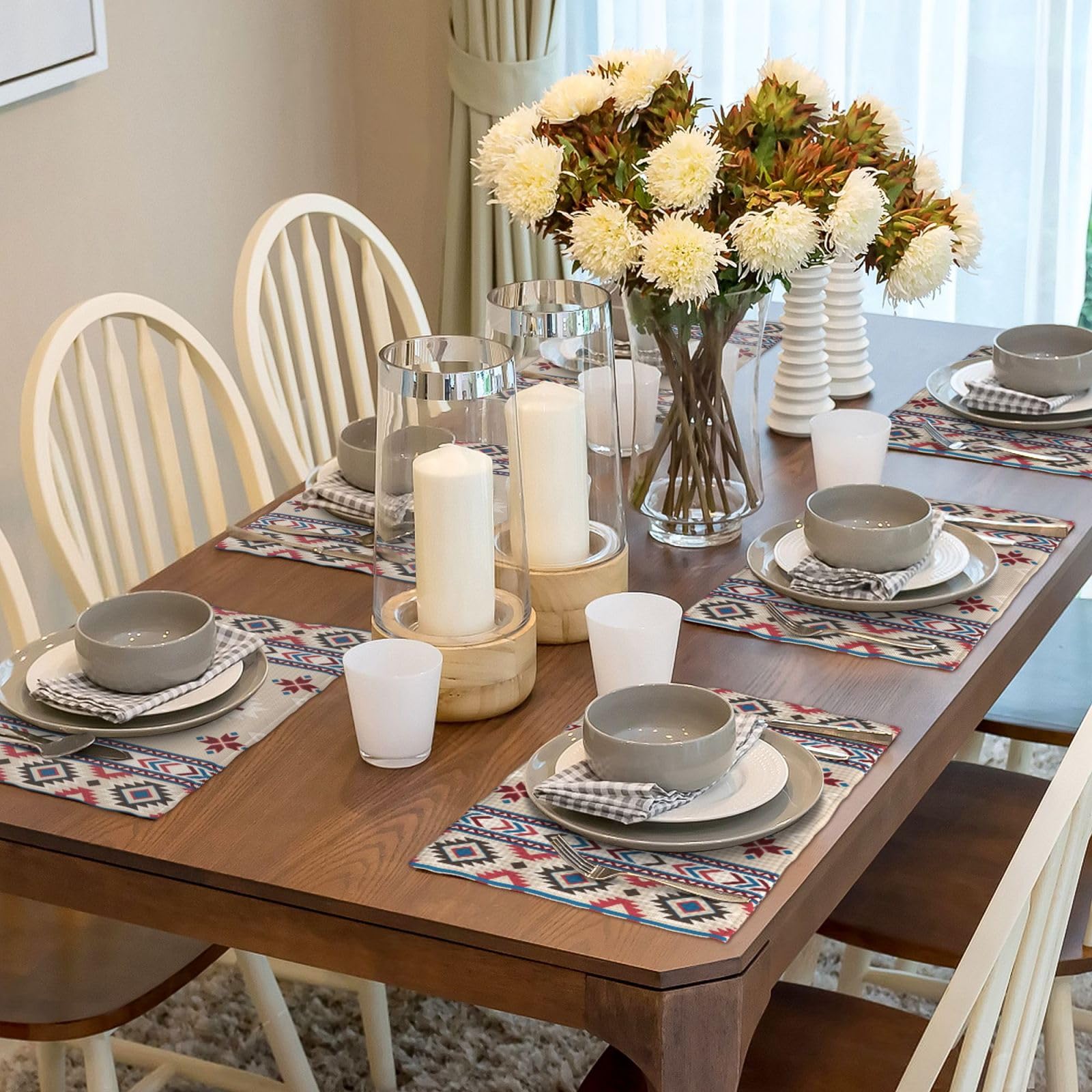 Giwawa Southwestern Placemats, Grey Red Tribal Geometric Decorative Table Mats Native American Ethnic Farmhouse Non Slip Place Mat For Dining Kitchen Party 12x18inch Set Of 4