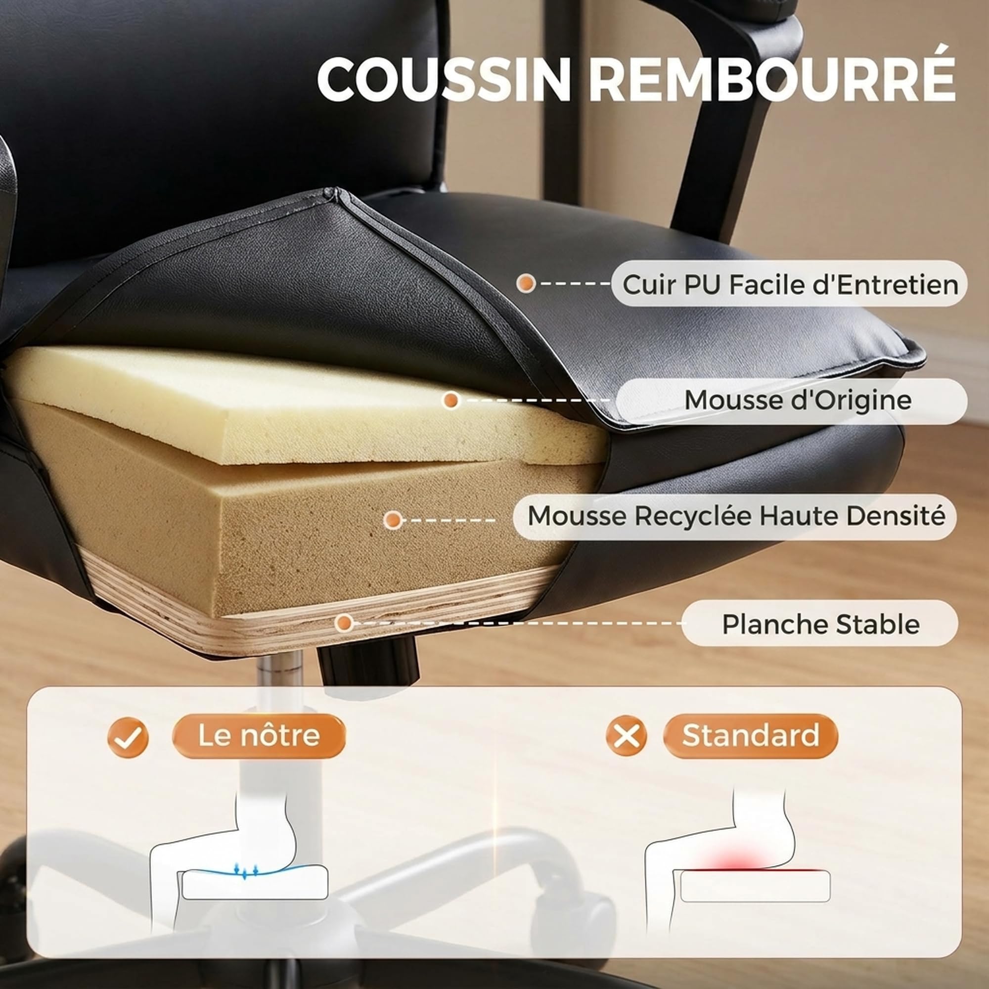 HOMCOM Chaise Bureau Ergonomique, Fauteuil de Bureau, Noir