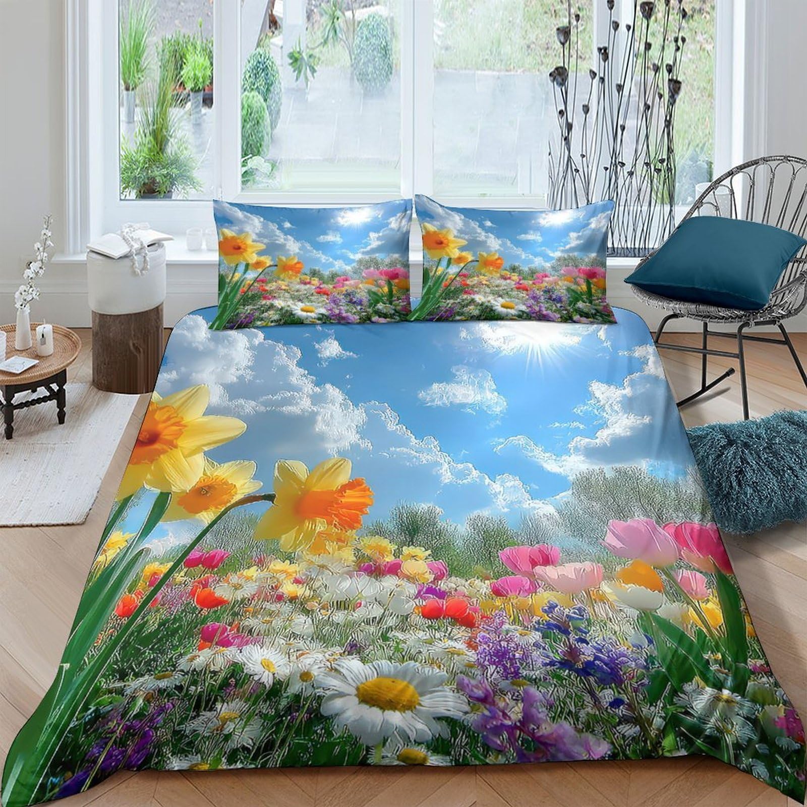 Ctjqhvkz Style-8 3D Printed Spring Flowers Fitted Sheet Microfiber Soft Sky Meadow Bed Cover For Bedroom Guestroom Decor Protection Single（135X200cm）