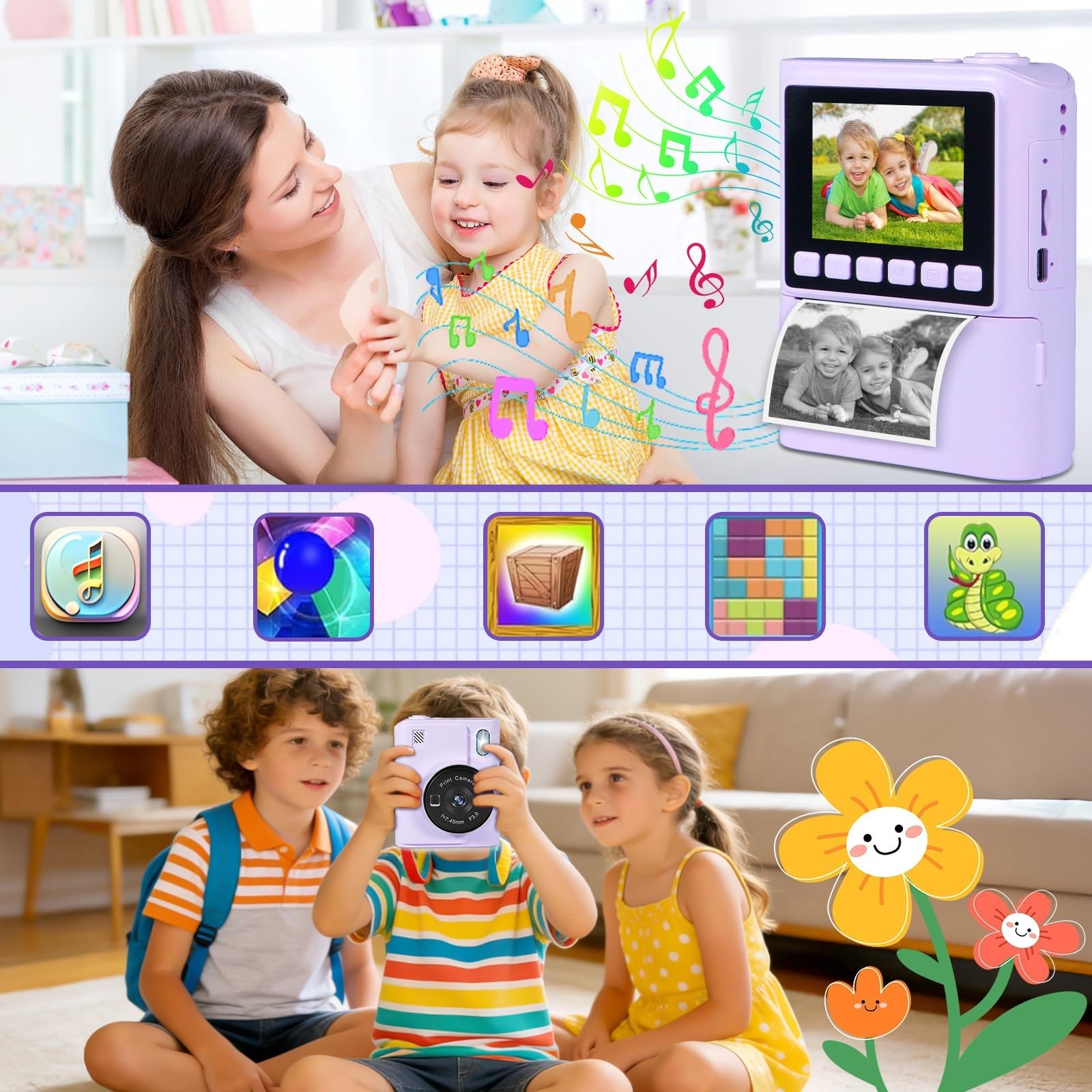 Camara Fotos Infantil Instantanea, HD 1080P Camara de Fotos Instantaneas, con Tarjeta de 32G y 6 Rollos Papel de Impresión, Cámara Instantánea, Regalo para Niñas y Niños de 3 a 12 Años