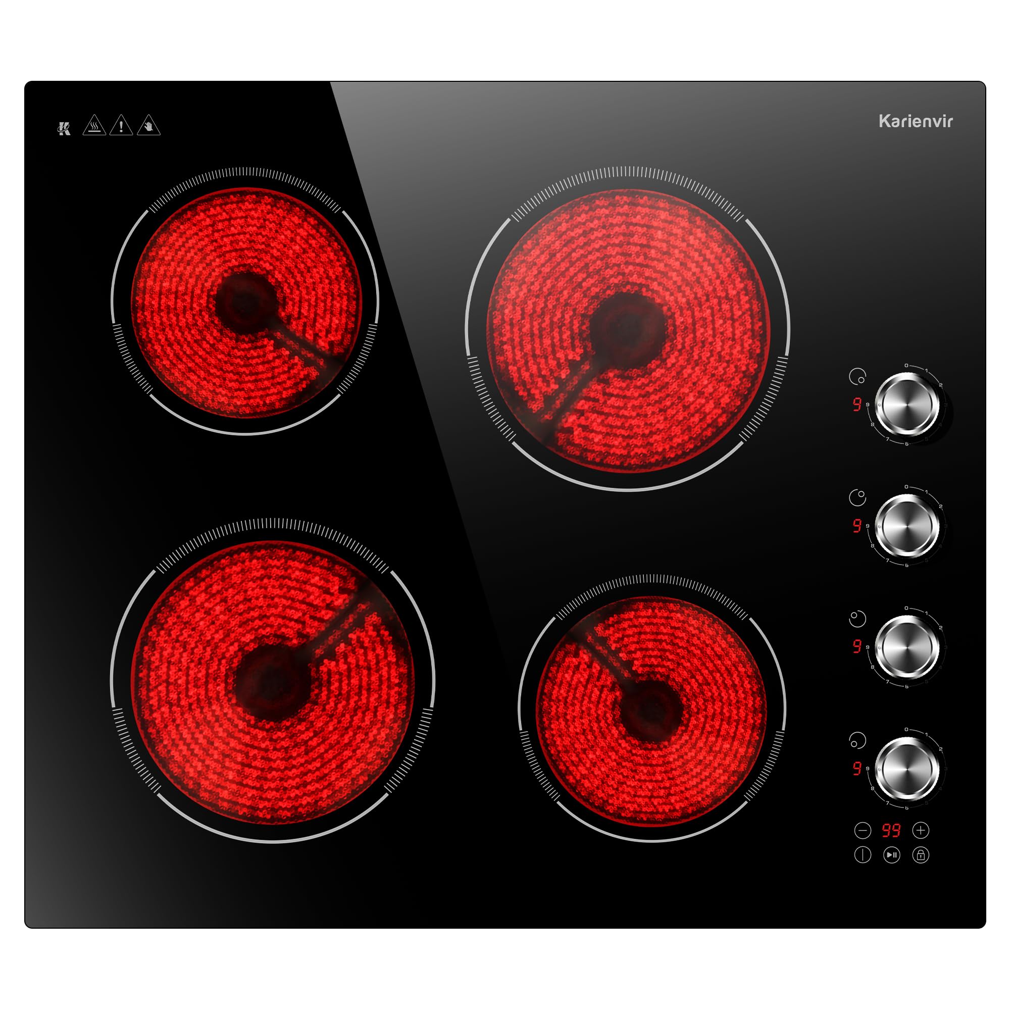 Placa Vitrocerámica de 4 Fuegos, Vitroceramica Empotrada de 60CM, 6000W | Controles táctiles y Perillas, con Bloqueo de Seguridad, Temporizador, Función de Pausa