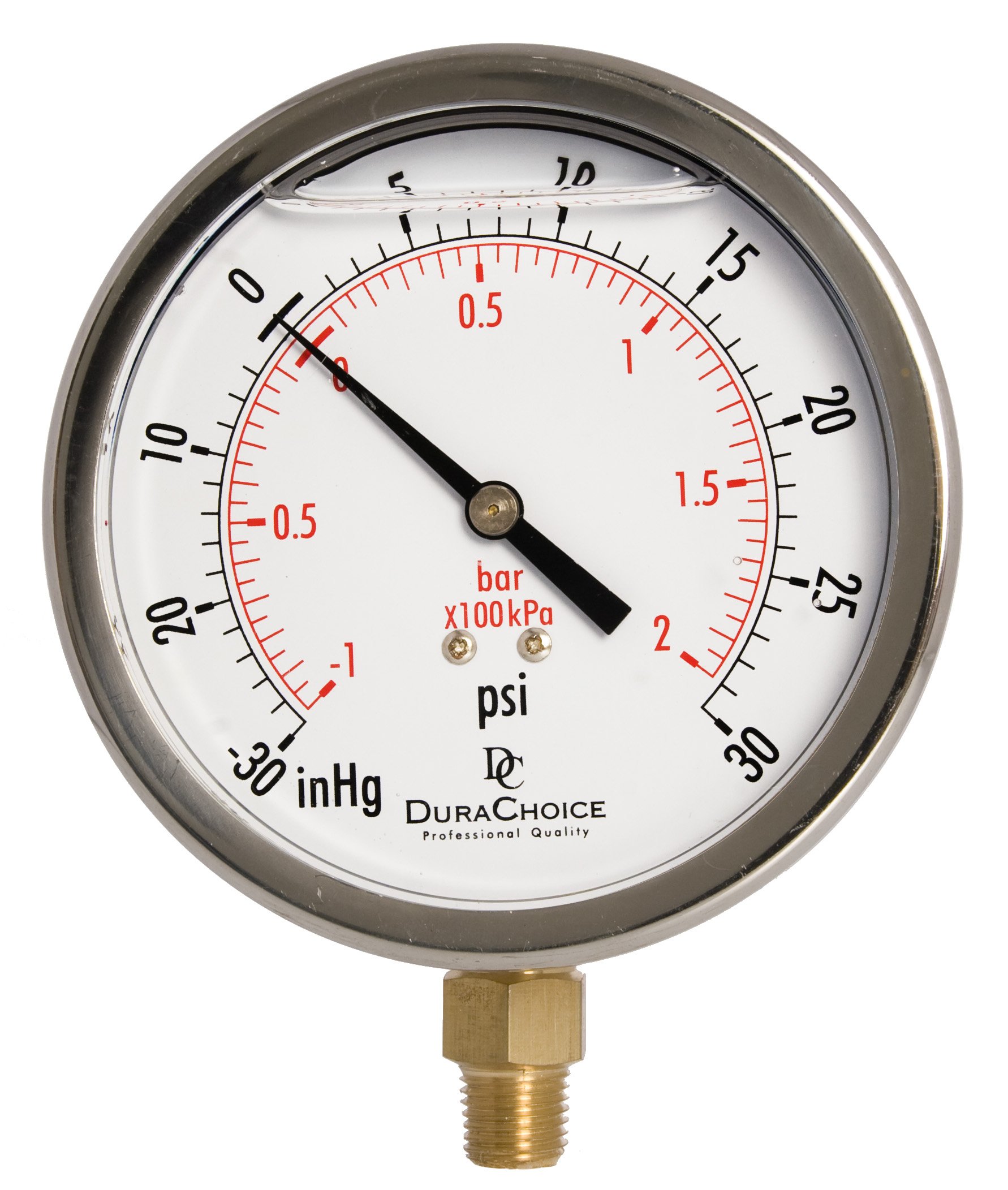 4" Oil Filled Vacuum Pressure Gauge - Stainless Steel Case, Brass, 1/4" NPT, Lower Mount Connection -30HG/30PSI