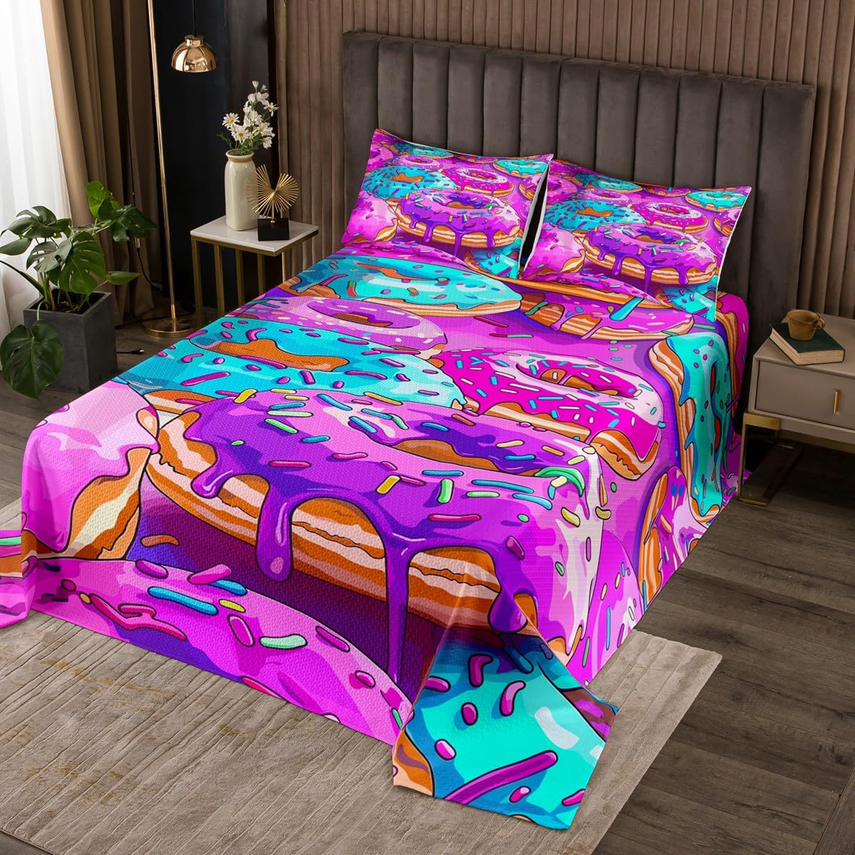 Erosebridal Cartoon Doughnut Twin Quilt Set for Boys Girls Hot Pink Blue Donut Coverlet Set, Sweet Cake Dessert Bedding Set Food Theme Bedspread Set, Kids Birthday Party Decoration Bed Quilt