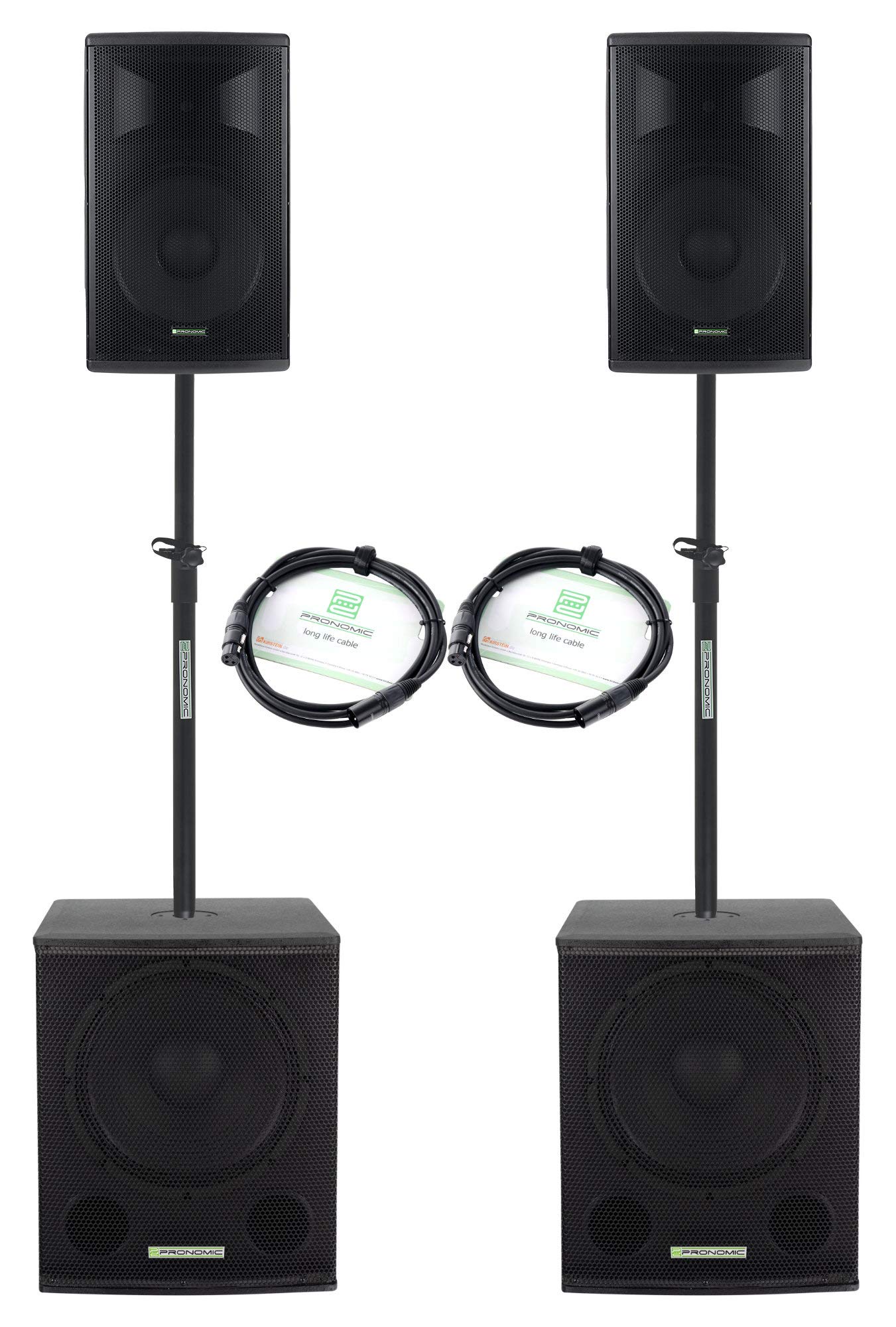 Pronomic Powerstage Economy 1510 2.2 - aktives PA-Set mit 2X 15-Subwoofer und 2X 10-Satelliten - 800 Watt Gesamtleistung (RMS) - inklusive Distanzrohre und XLR-Kabel