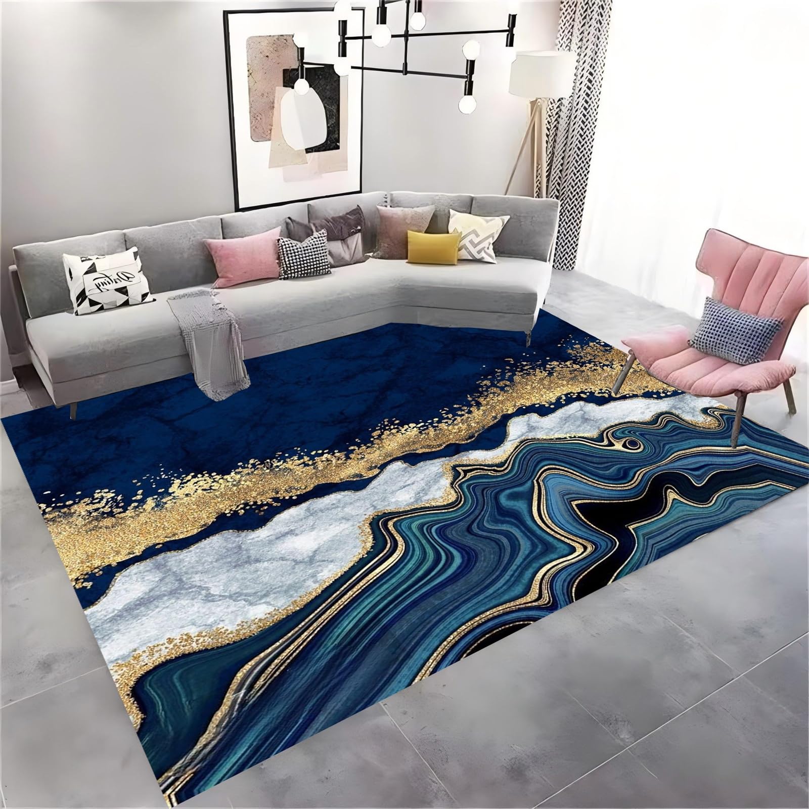 HONGXIU 80x150 Cm Area Rug Blue and Gold Abstract Rug for Bathroom Kitchen Indoor Entry Machine Washable Modern Rugs for Bedroom Super Soft Dining Room Rug Non-Slip Non-Linting Suitable Home Office
