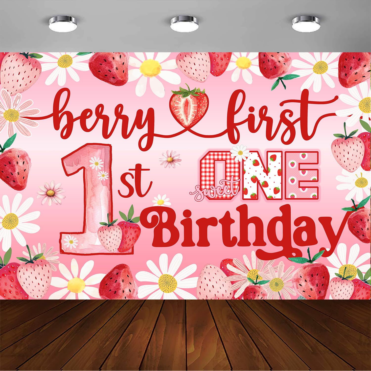 Berry First Birthday Decor for Girls Strawberry Birthday Backdrop Banner Sweet One Strawberry DecorStrawberry 1st Decorations Party Supplies (Pink 1st