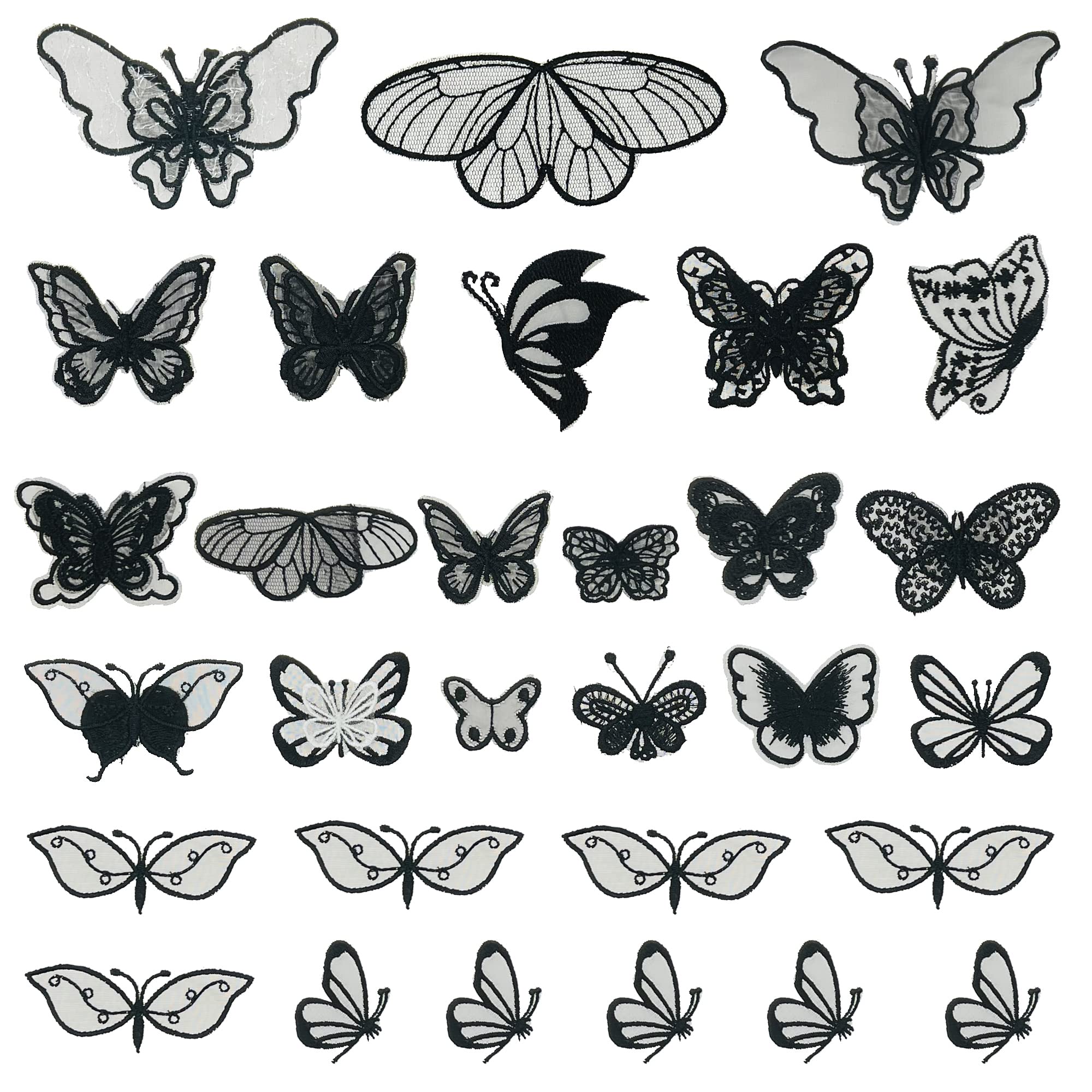 Yayatty 30 Pieces Lace Butterfly Applique Embroidery Butterfly Sew Iron On Patch for Wedding Bridal Dress Sewing Craft DIY Clothes Hair Ornaments (Black)