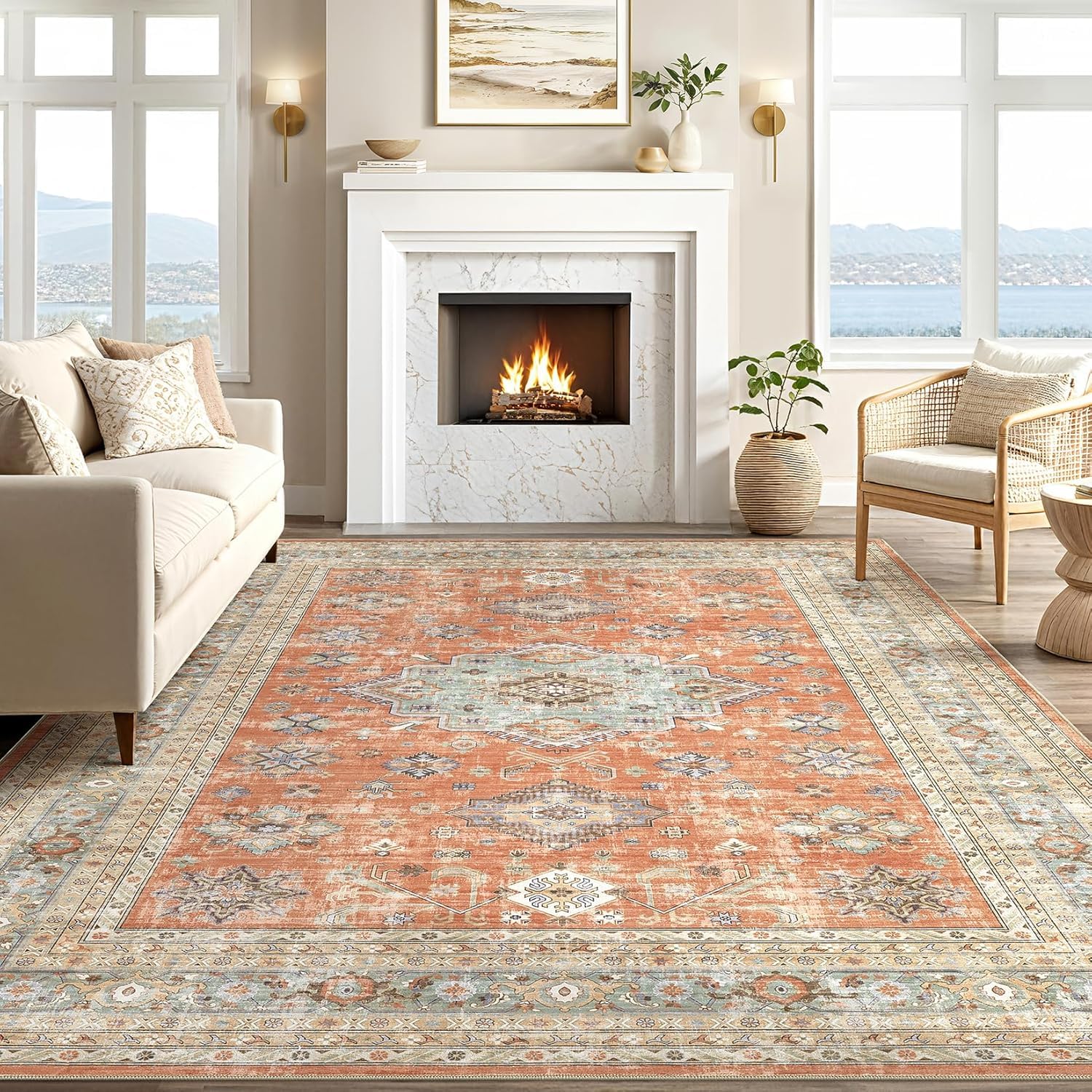 Tapis de zone salon vintage marron et beige moderne