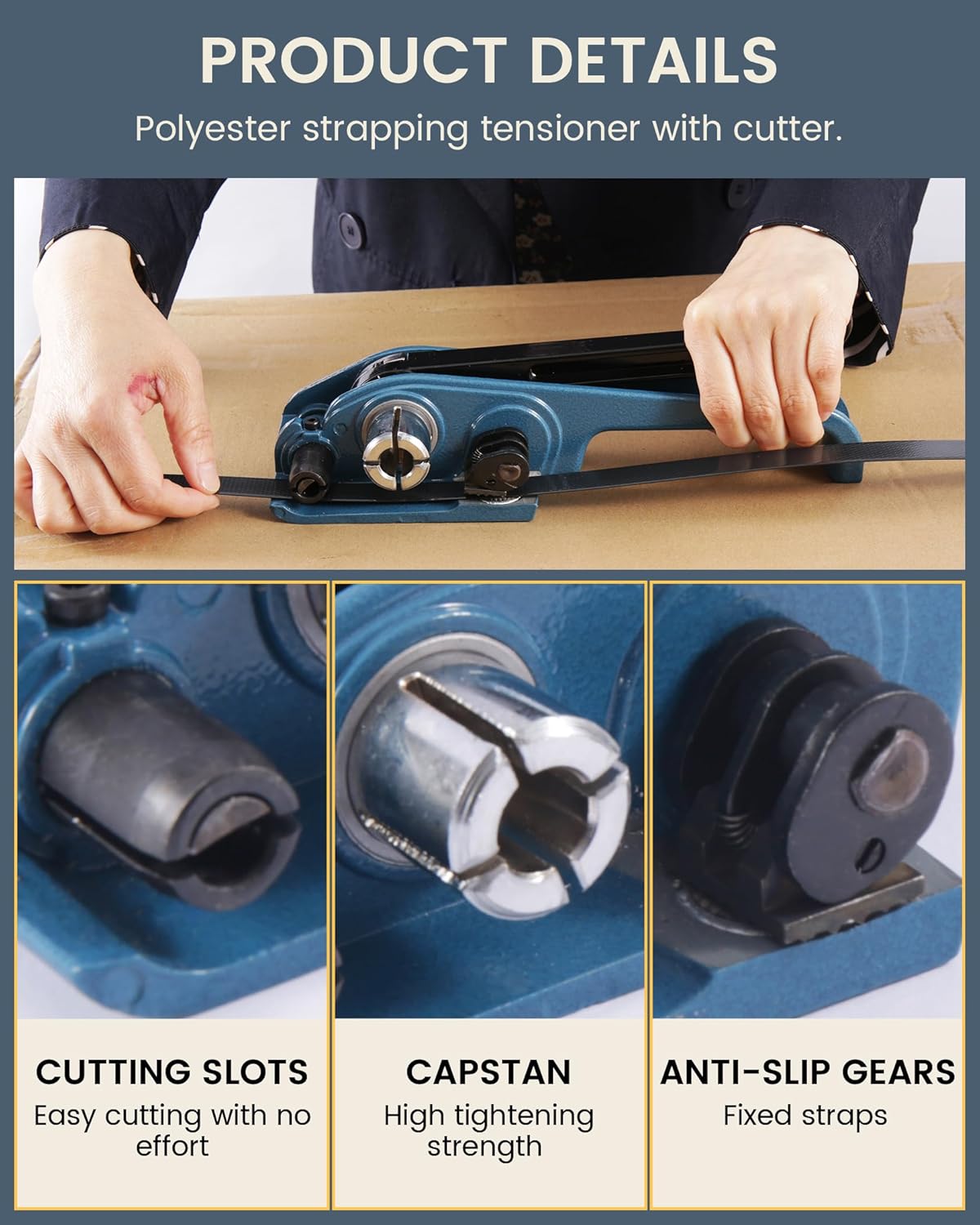 FoundGo PET Banding Strapping Kit for Heavy Duty Durable Pallet Packaging Strapping Tool with >1500lbs 5/8" x 1000' PET Strapping Roll & its own Pull-Out Box 100 Corner Protectors 300 Seals-Blue Gray