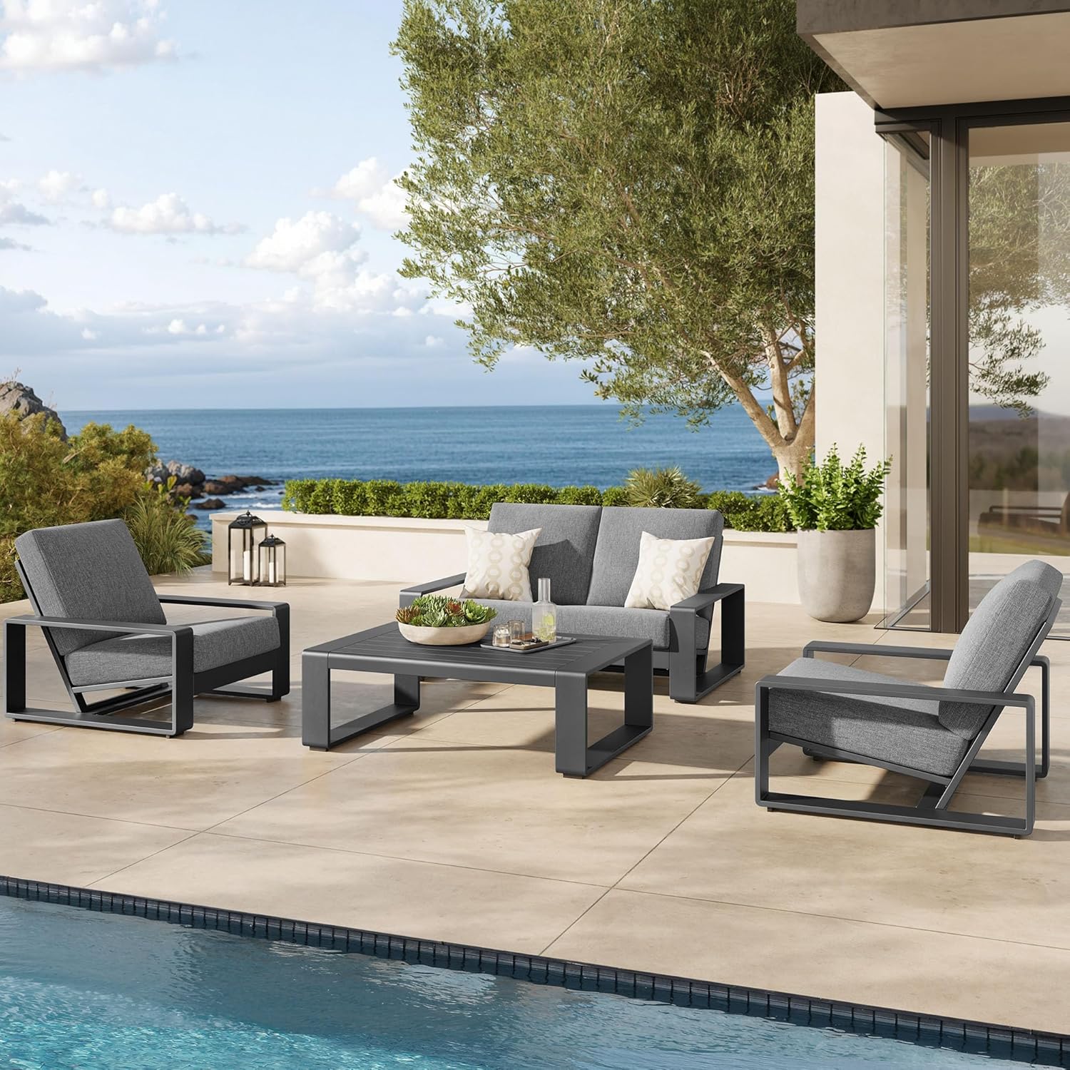 Modway Lirienne Aluminum 4-Piece Backyard Furniture Set in Light Gray – Patio Conversation Set with 2 Armchairs, Loveseat & Coffee Table